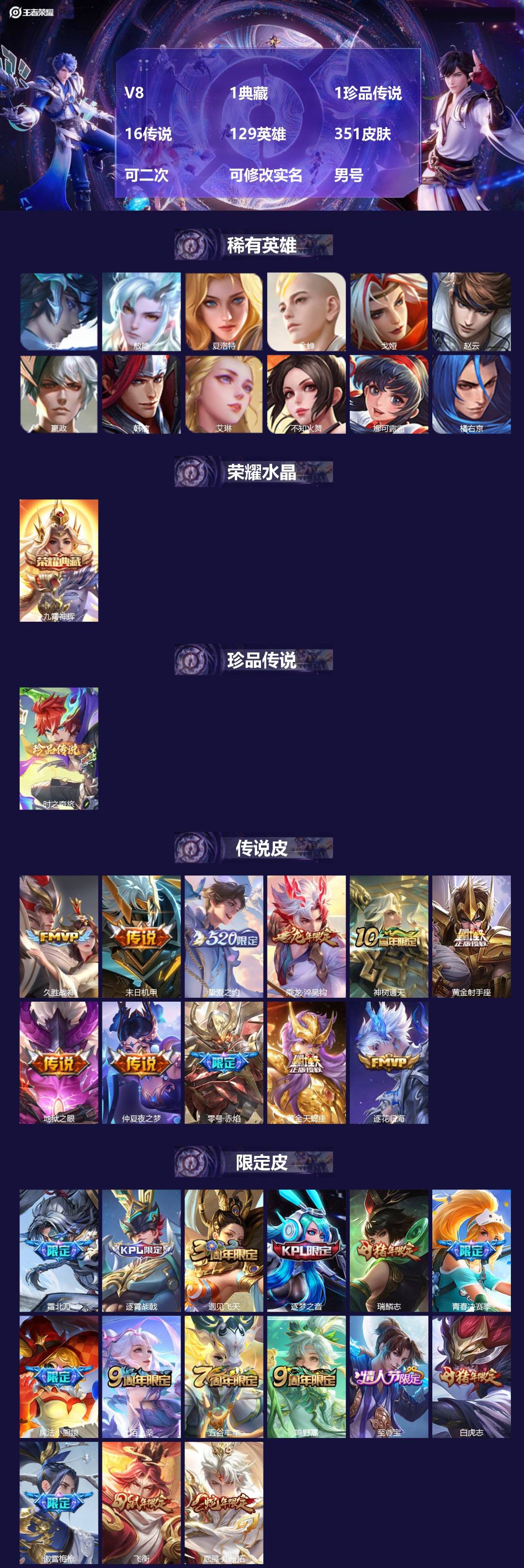 王者荣耀账号安卓QQV8 1典藏 1珍品传说 16传说 129英雄 351皮肤 可二次 可修改实名 男号 
【英雄全皮】