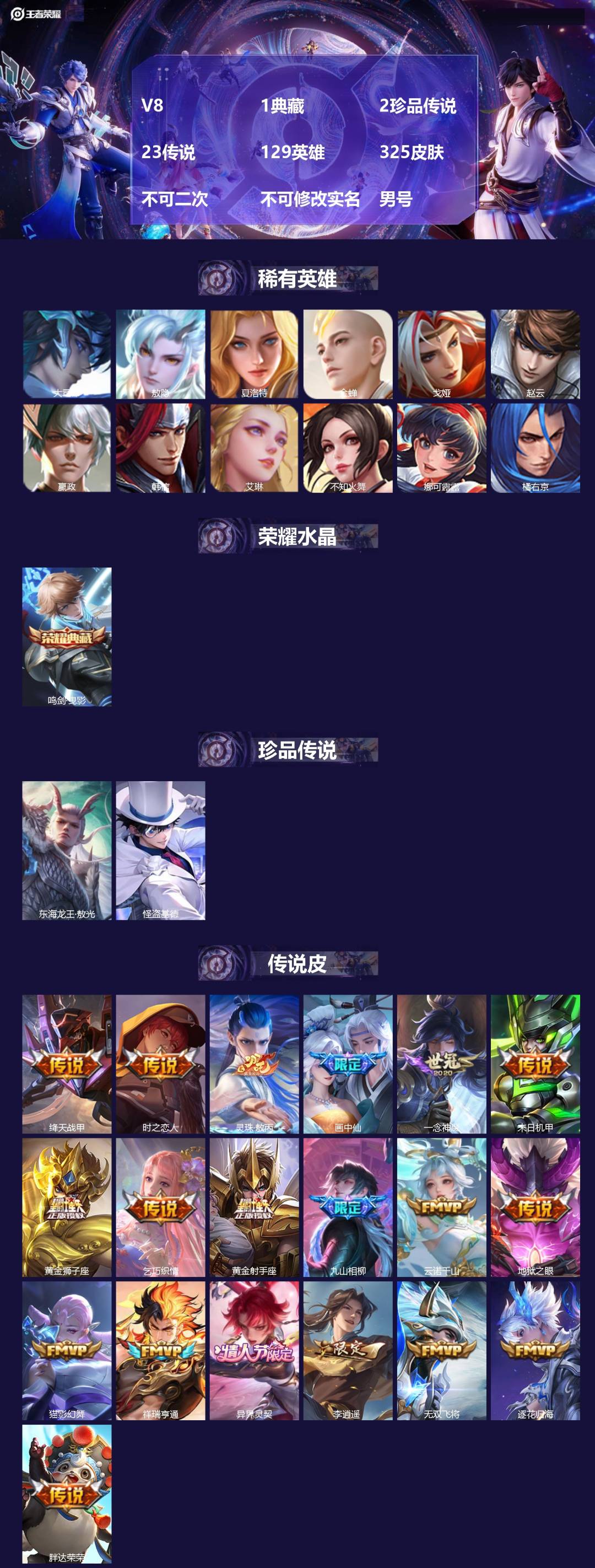 王者荣耀账号苹果QQV8 1典藏 2珍品传说 23传说 129英雄 325皮肤 不可二次 不可修改实名 男号 
【英雄全