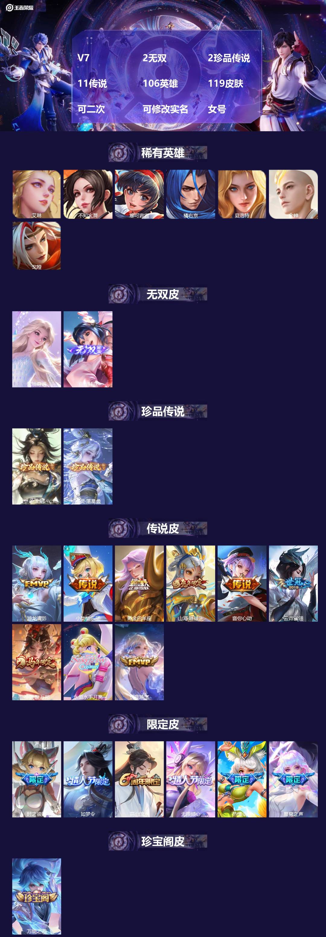 王者荣耀账号安卓QQV7 2无双 2珍品传说 11传说 106英雄 119皮肤 可二次 可修改实名 女号 
【稀有英雄】