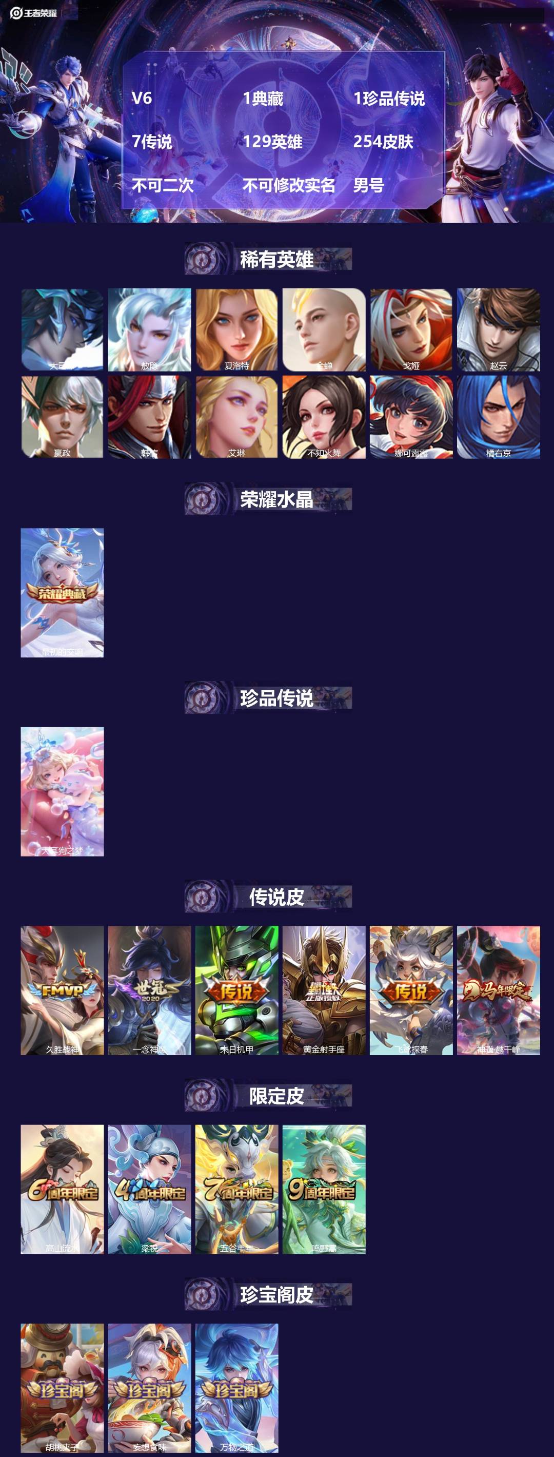 王者荣耀账号安卓QQ[23589017]V6 1典藏 1珍品传说 7传说 129英雄 254皮肤 不可二次 不可修改实名