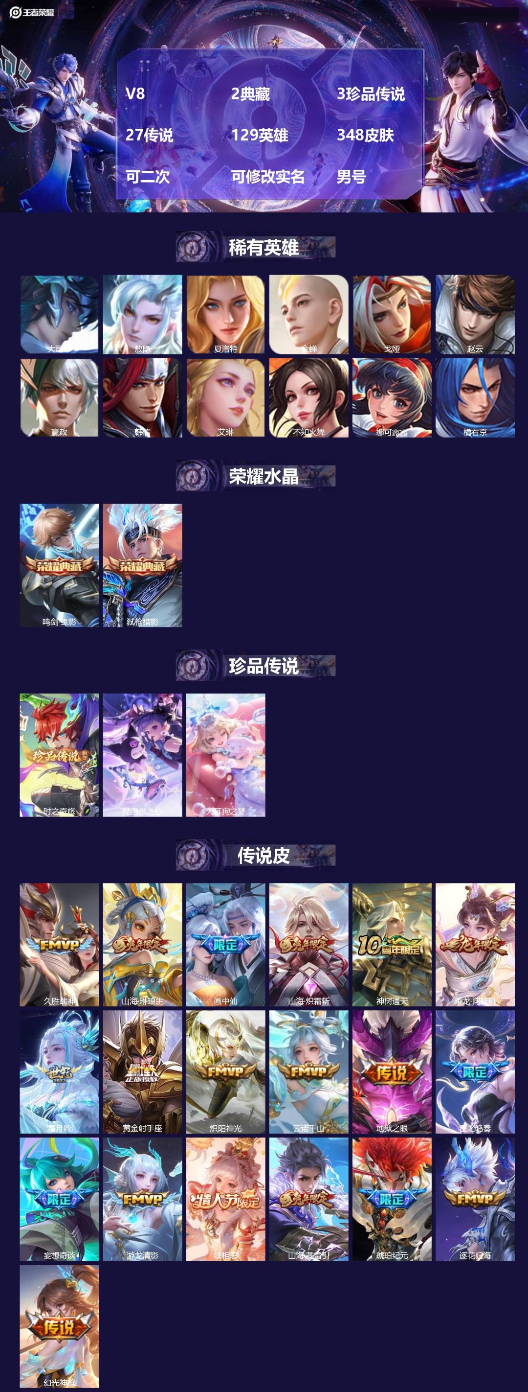王者荣耀账号安卓QQ[23591235]V8 2典藏 3珍品传说 27传说 129英雄 348皮肤 可二次 可修改实名 