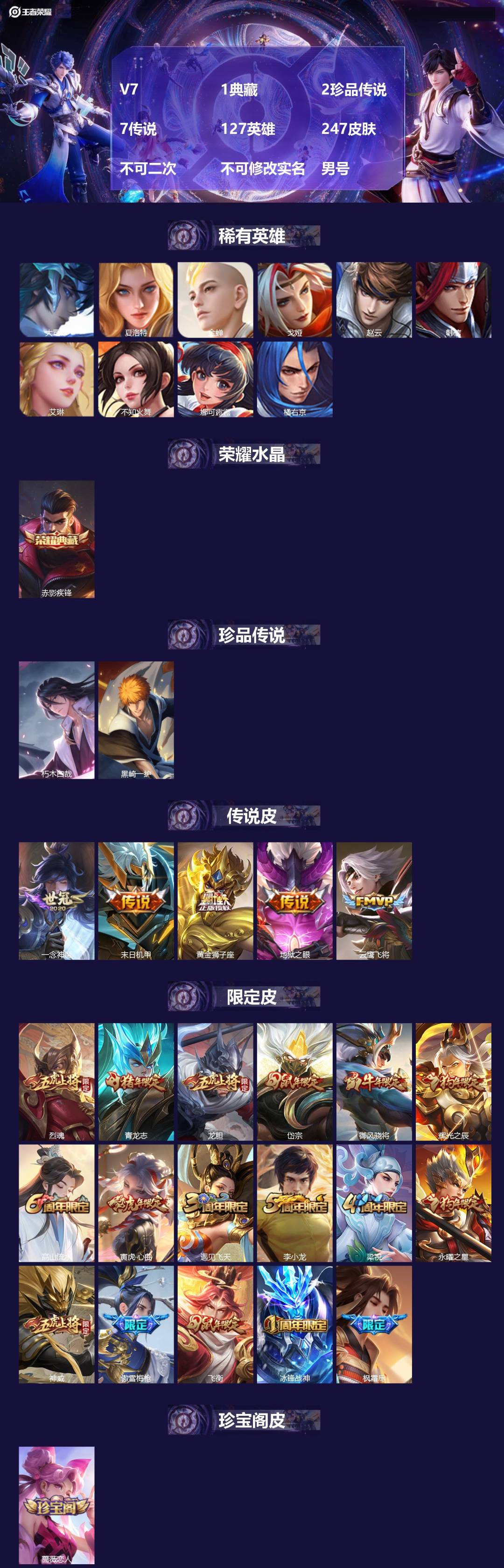 王者荣耀账号安卓QQV7 1典藏 2珍品传说 7传说 127英雄 247皮肤 不可二次 不可修改实名 男号 
【英雄全皮