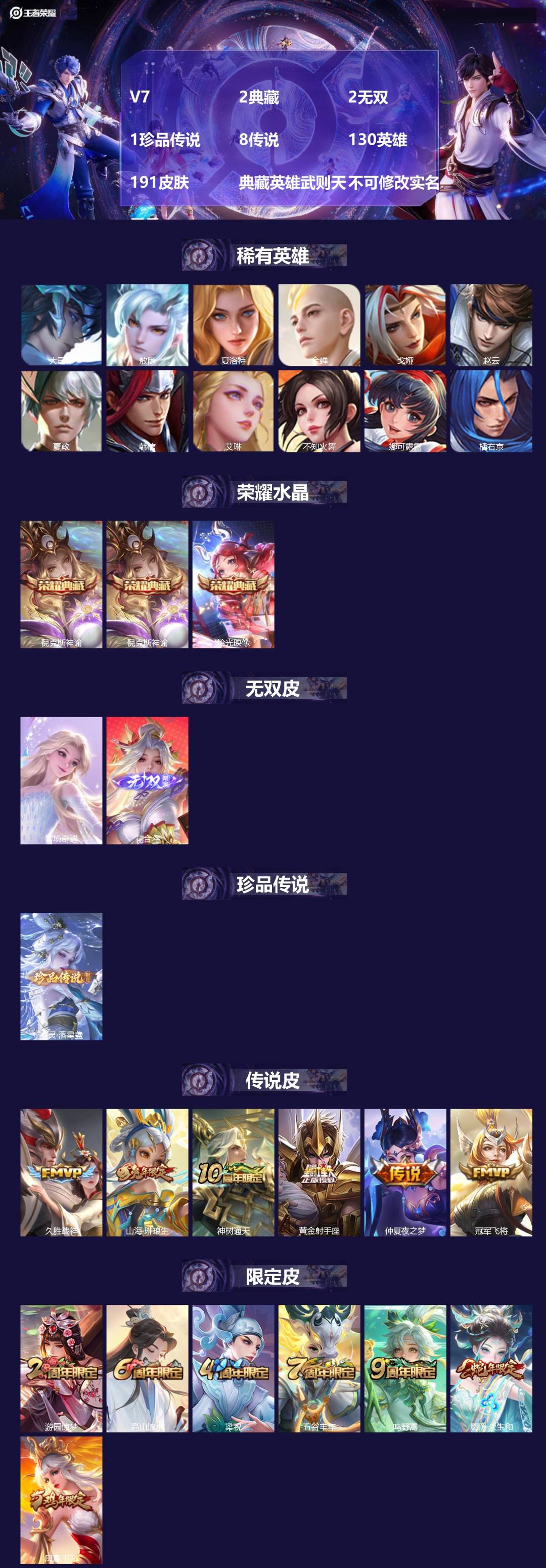王者荣耀账号安卓QQV7 2典藏 2无双 1珍品传说 8传说 130英雄 191皮肤 典藏英雄武则天 不可修改实名 男号