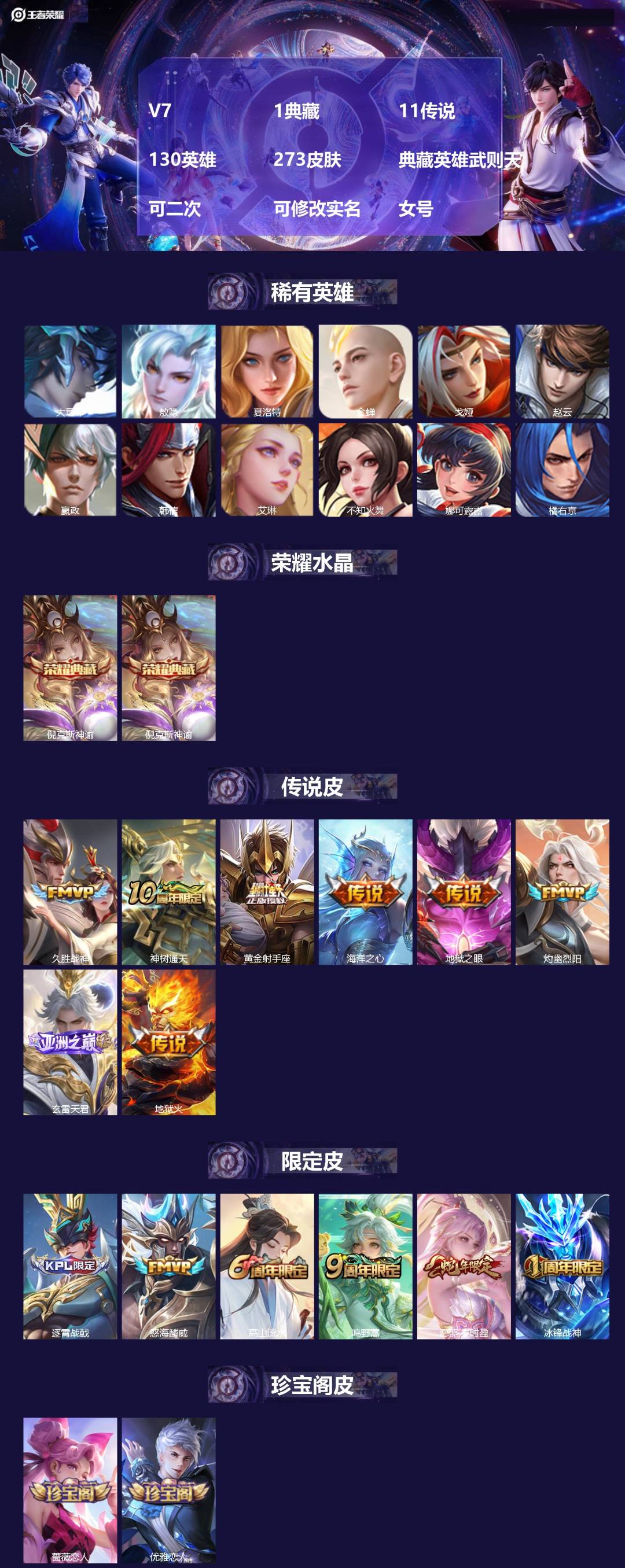 王者荣耀账号安卓VXV7 1典藏 11传说 130英雄 273皮肤 典藏英雄武则天 可二次 可修改实名 女号 
【英雄全
