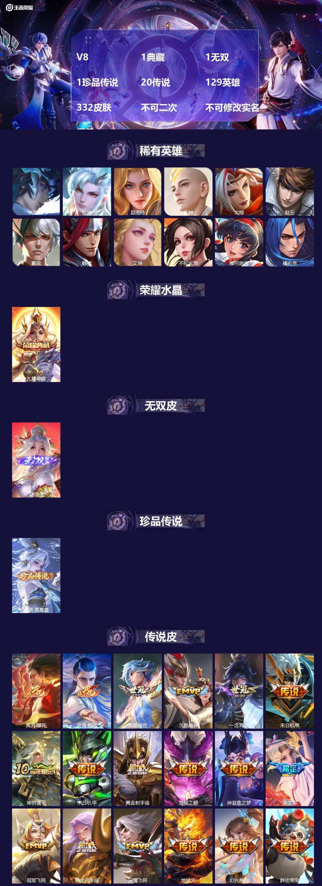 王者荣耀账号安卓QQV8 1典藏 1无双 1珍品传说 20传说 129英雄 332皮肤 不可二次 不可修改实名 男号 
