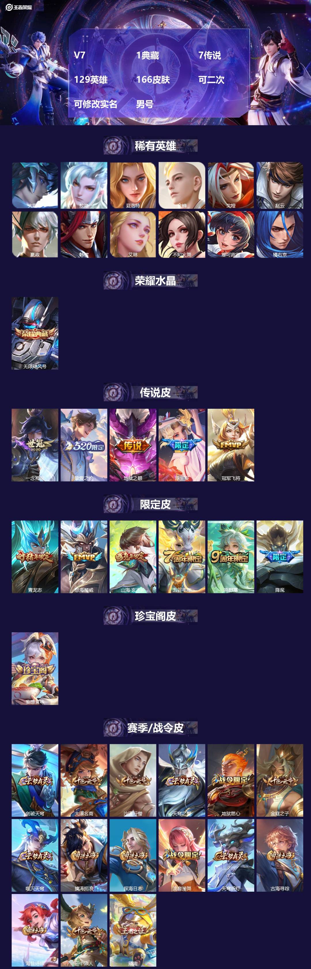 王者荣耀账号安卓QQV7 1典藏 7传说 129英雄 166皮肤 可二次 可修改实名 男号 
【英雄全皮】空空儿全皮,夏