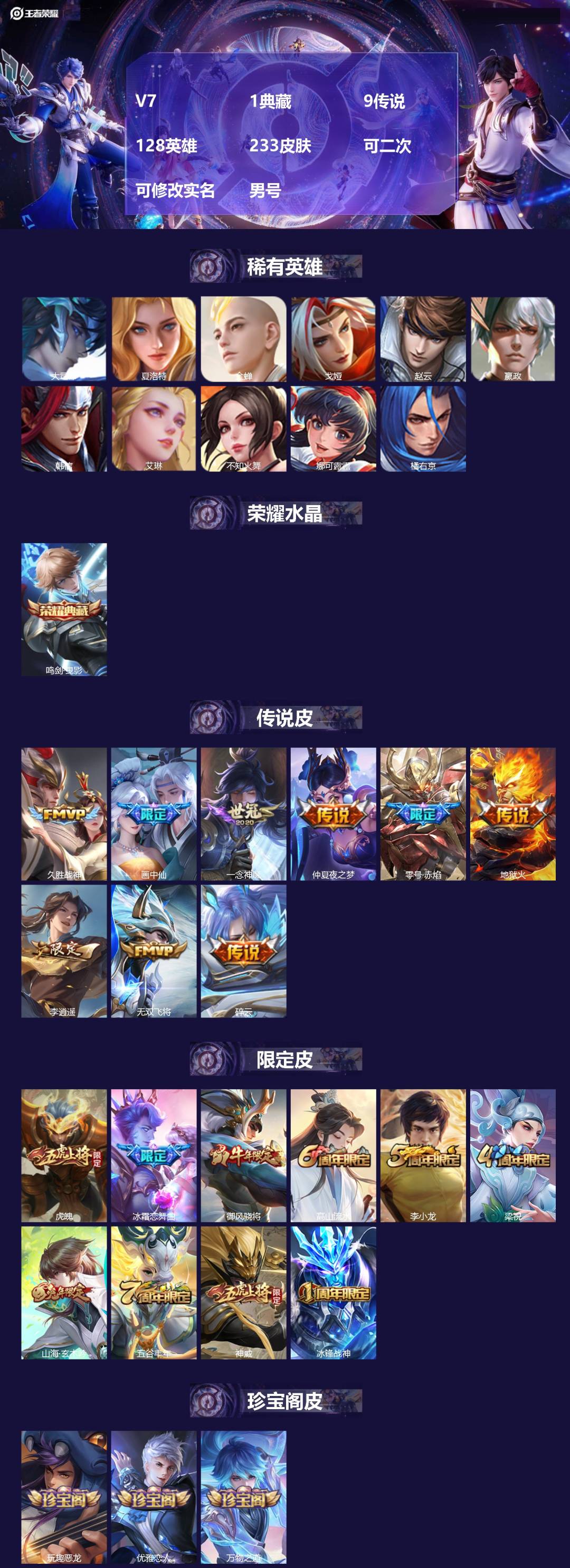 王者荣耀账号安卓QQV7 1典藏 9传说 128英雄 233皮肤 可二次 可修改实名 男号 
【英雄全皮】大禹全皮
【稀