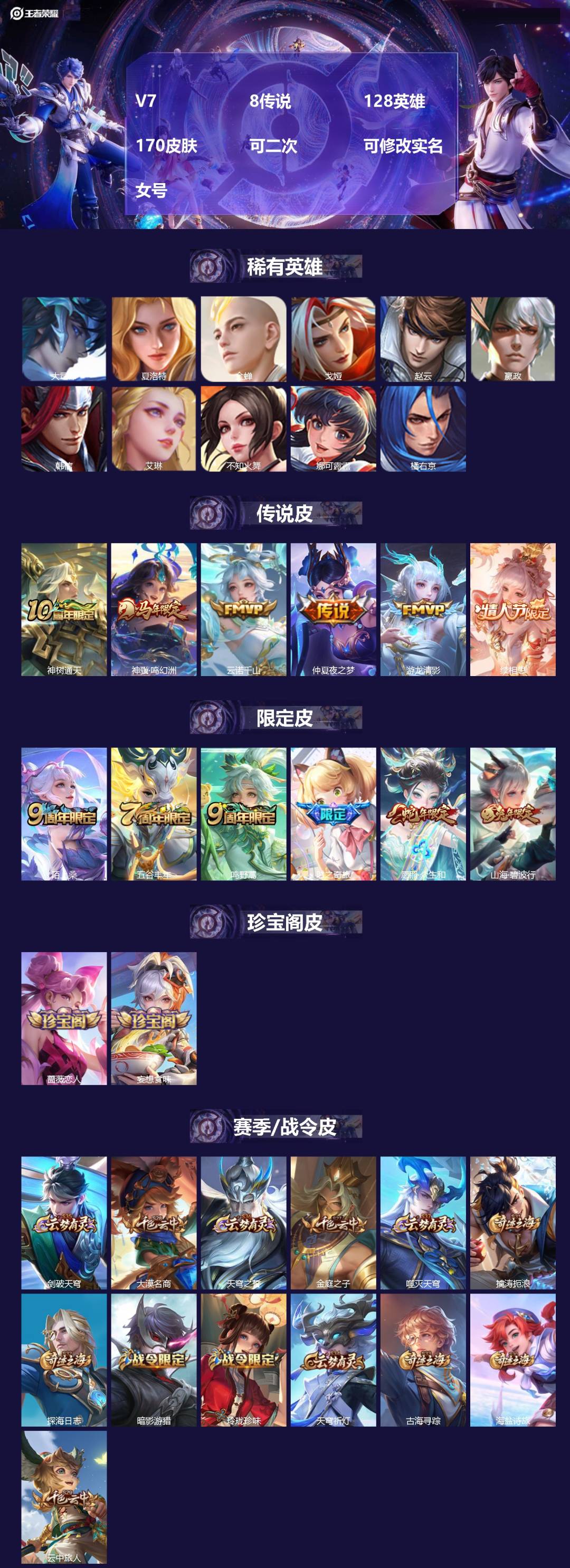 王者荣耀账号安卓QQV7 8传说 128英雄 170皮肤 可二次 可修改实名 女号 
【英雄全皮】蚩奼全皮,大禹全皮
【