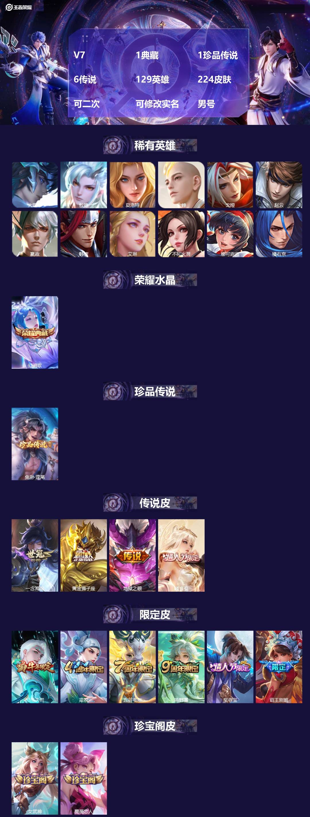 王者荣耀账号安卓VXV7 1典藏 1珍品传说 6传说 129英雄 224皮肤 可二次 可修改实名 男号 
【英雄全皮】大