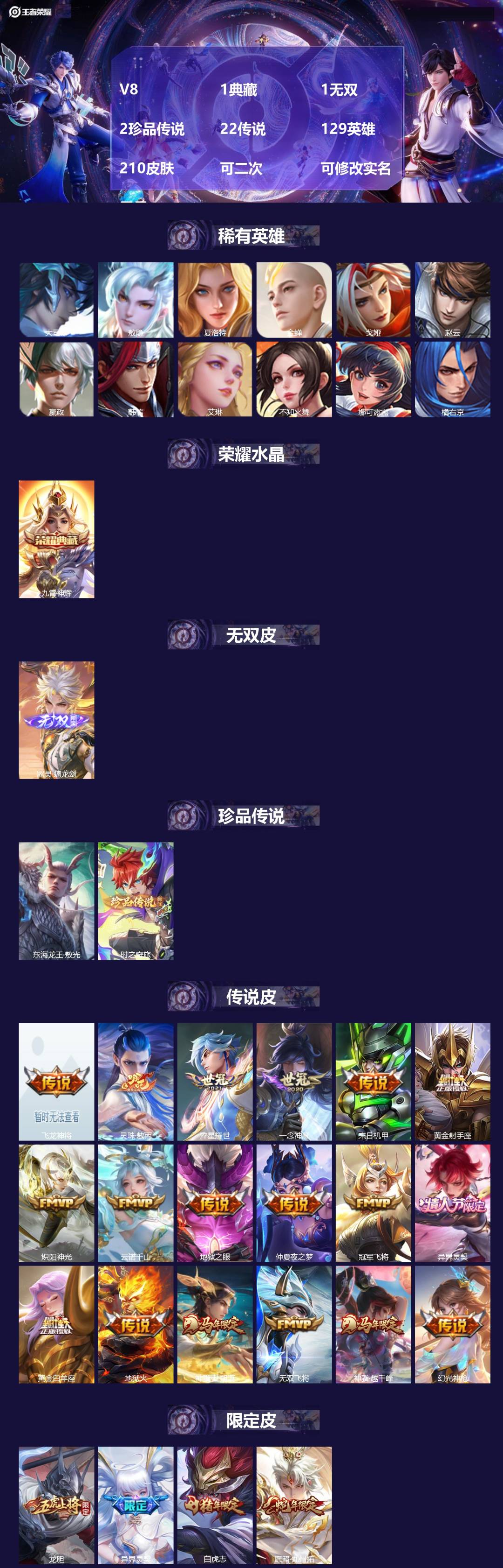 王者荣耀账号安卓QQV8 1典藏 1无双 2珍品传说 22传说 129英雄 210皮肤 可二次 可修改实名 男号 
【英