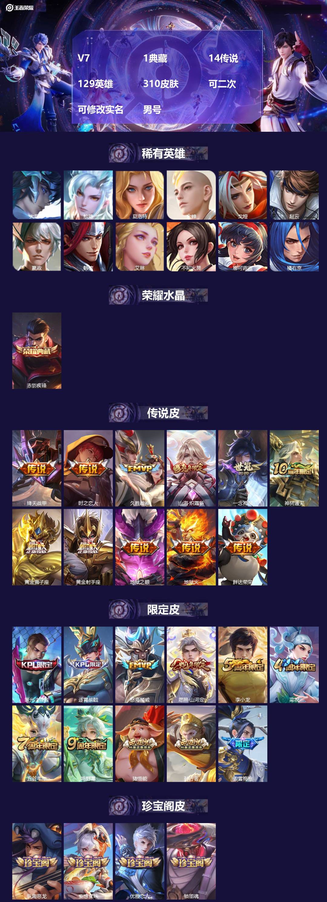 王者荣耀账号安卓QQV7 1典藏 14传说 129英雄 310皮肤 可二次 可修改实名 男号 
【英雄全皮】司空震全皮,