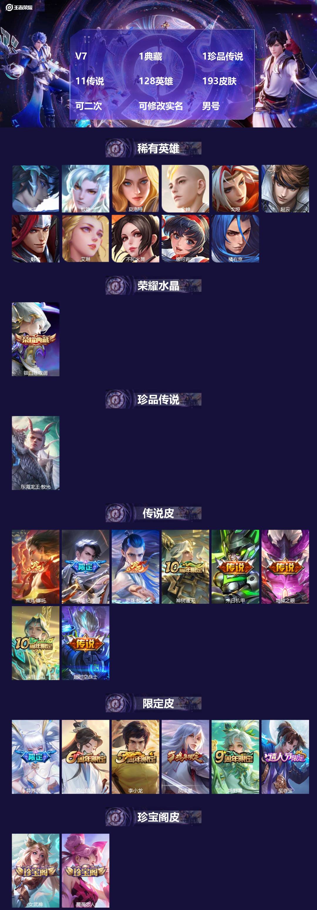 王者荣耀账号安卓QQV7 1典藏 1珍品传说 11传说 128英雄 193皮肤 可二次 可修改实名 男号 
【英雄全皮】