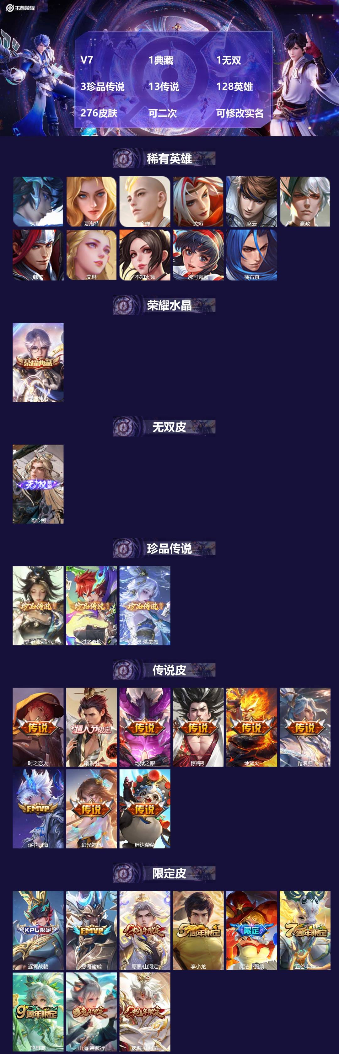 王者荣耀账号安卓QQV7 1典藏 1无双 3珍品传说 13传说 128英雄 276皮肤 可二次 可修改实名 男号 
【英
