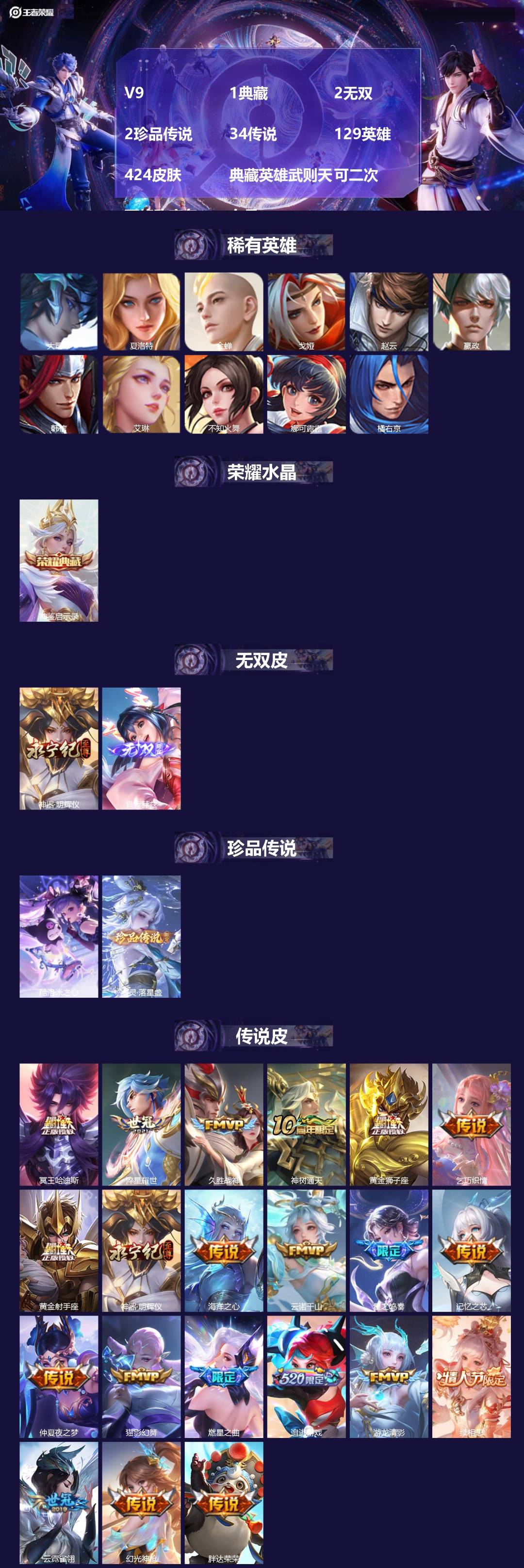 王者荣耀账号苹果QQ[23674528]V9 1典藏 2无双 2珍品传说 34传说 129英雄 424皮肤 典藏英雄武则