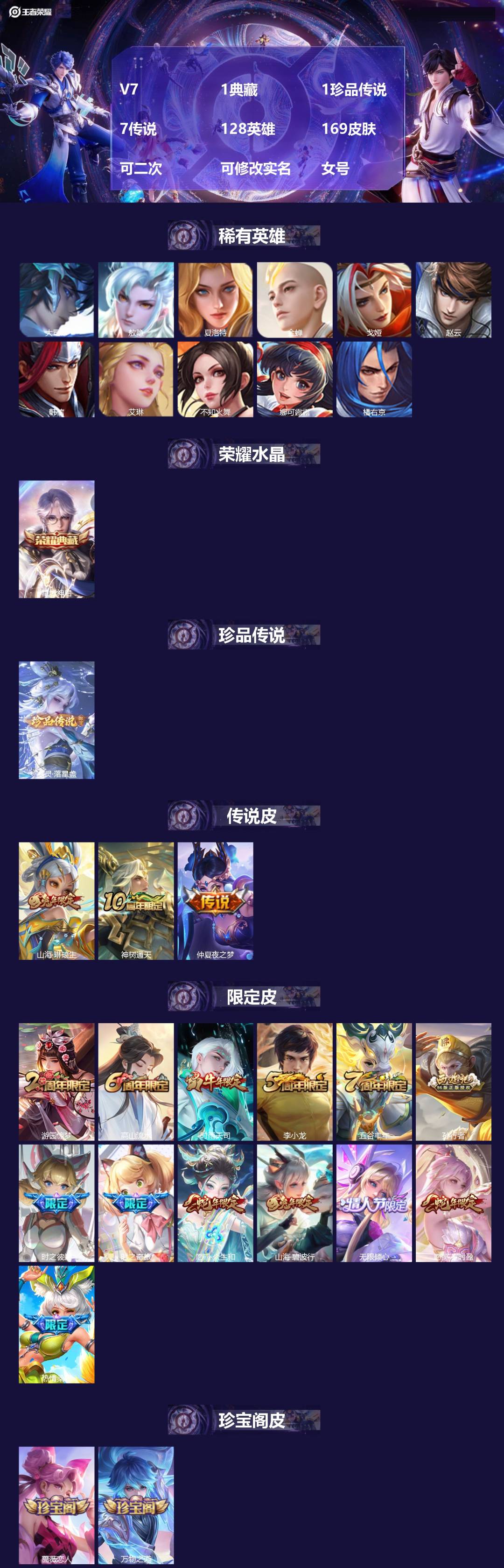 王者荣耀账号苹果QQV7 1典藏 1珍品传说 7传说 128英雄 169皮肤 可二次 可修改实名 女号 
【英雄全皮】大
