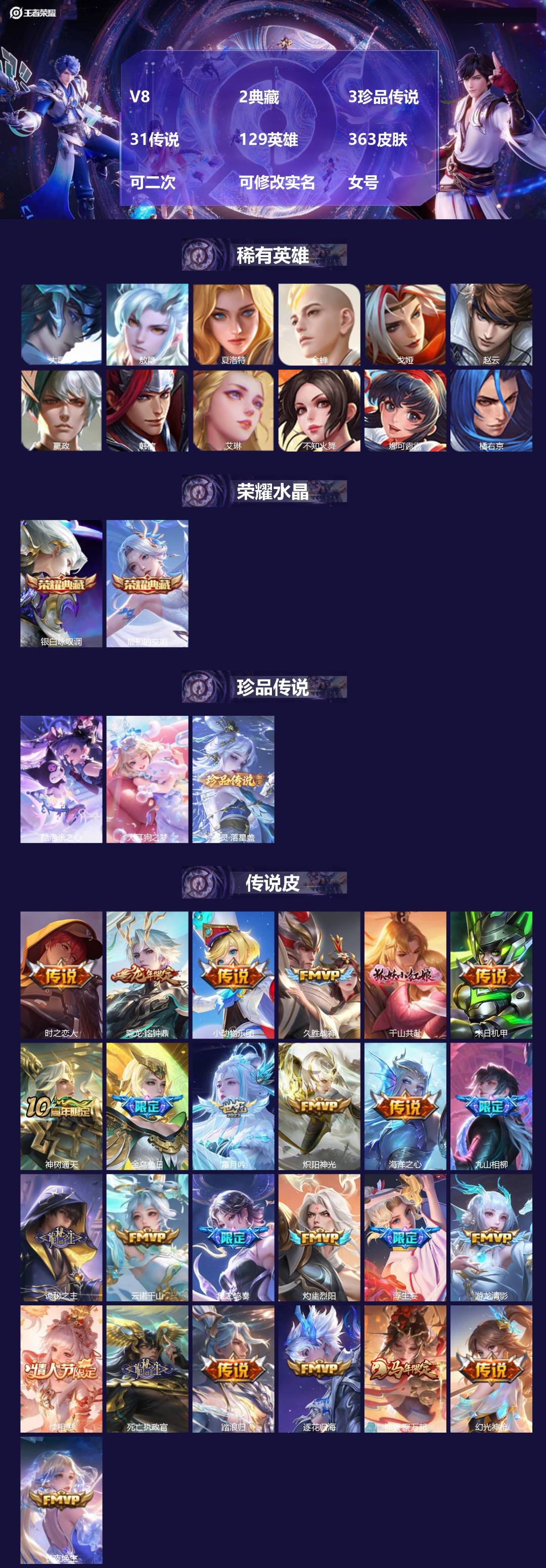 王者荣耀账号安卓QQV8 2典藏 3珍品传说 31传说 129英雄 363皮肤 可二次 可修改实名 女号 
【英雄全皮】