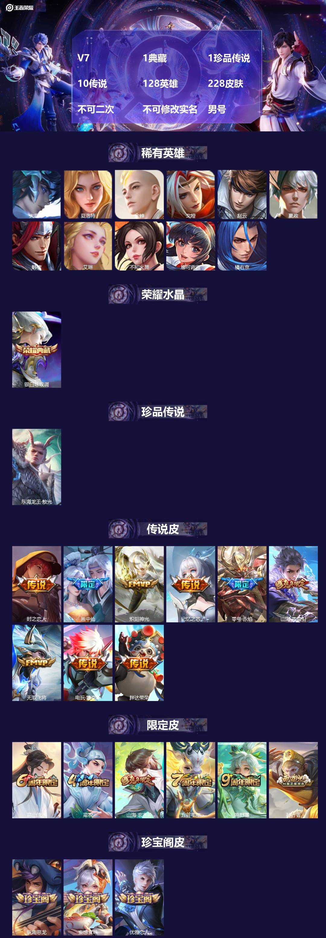 王者荣耀账号安卓QQV7 1典藏 1珍品传说 10传说 128英雄 228皮肤 不可二次 不可修改实名 男号 
【英雄全