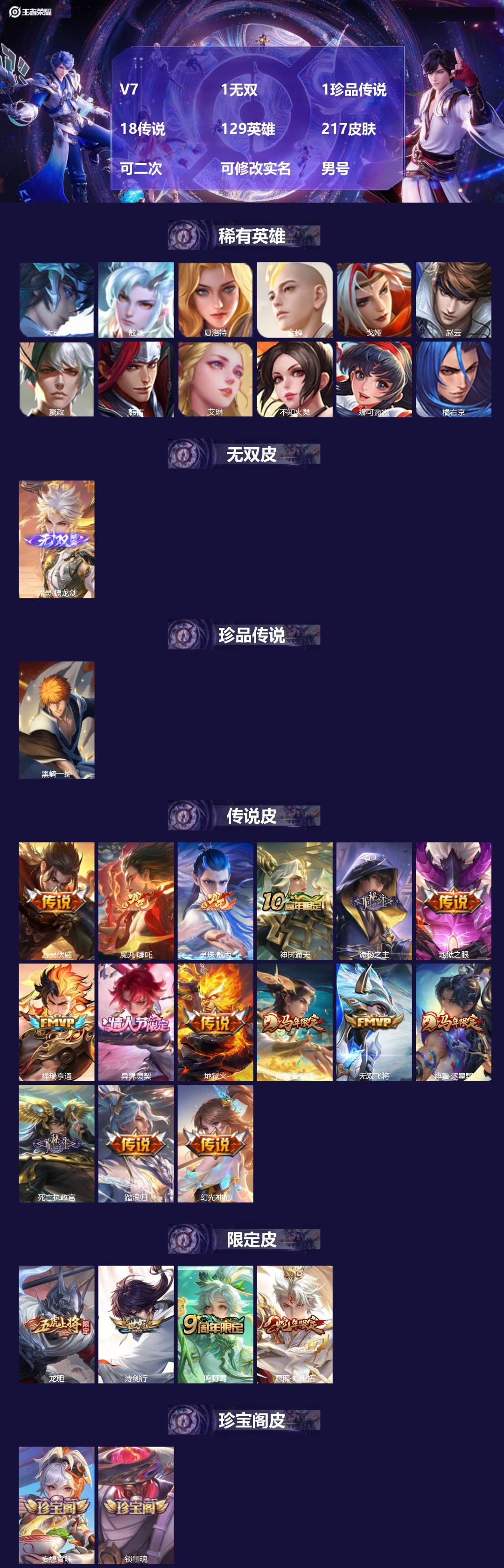 王者荣耀账号安卓QQV7 1无双 1珍品传说 18传说 129英雄 217皮肤 可二次 可修改实名 男号 
【英雄全皮】