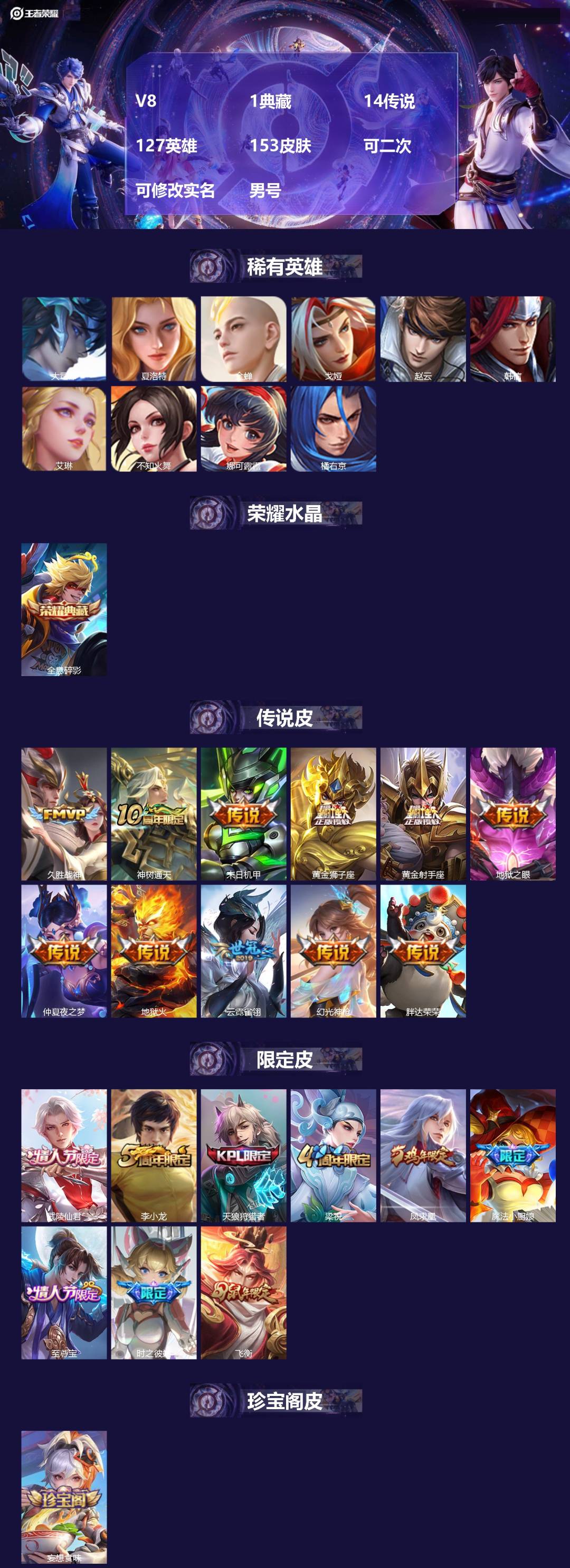 王者荣耀账号安卓QQV8 1典藏 14传说 127英雄 153皮肤 可二次 可修改实名 男号 
【稀有英雄】大司命,韩信