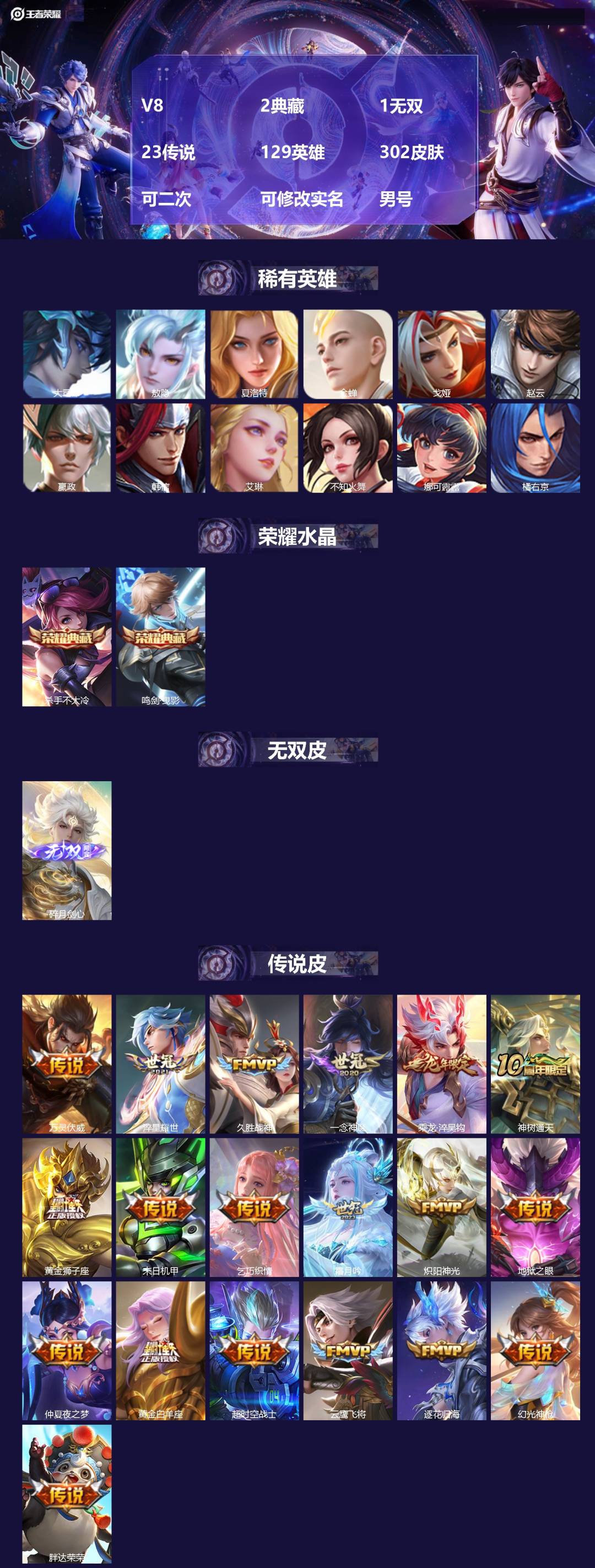 王者荣耀账号苹果QQV8 2典藏 1无双 23传说 129英雄 302皮肤 可二次 可修改实名 男号 
【英雄全皮】大禹