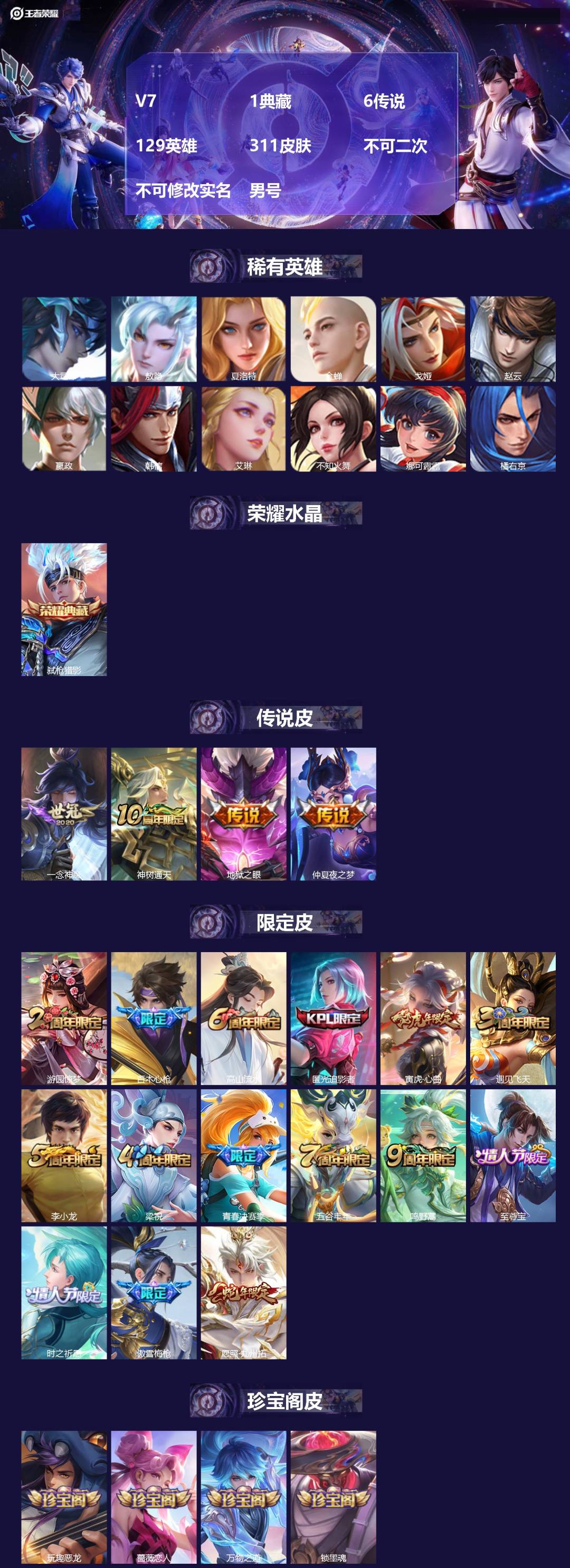 王者荣耀账号安卓QQV7 1典藏 6传说 129英雄 311皮肤 不可二次 不可修改实名 男号 
【英雄全皮】蚩奼全皮,