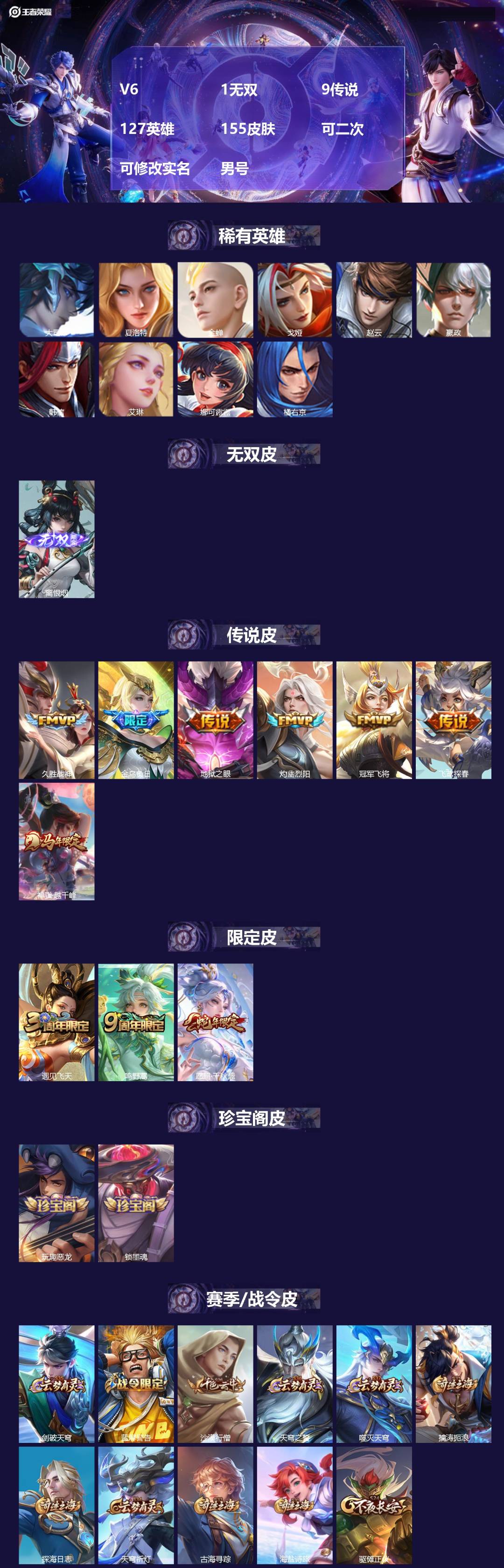 王者荣耀账号安卓QQV6 1无双 9传说 127英雄 155皮肤 可二次 可修改实名 男号 
【稀有英雄】大司命,嬴政(