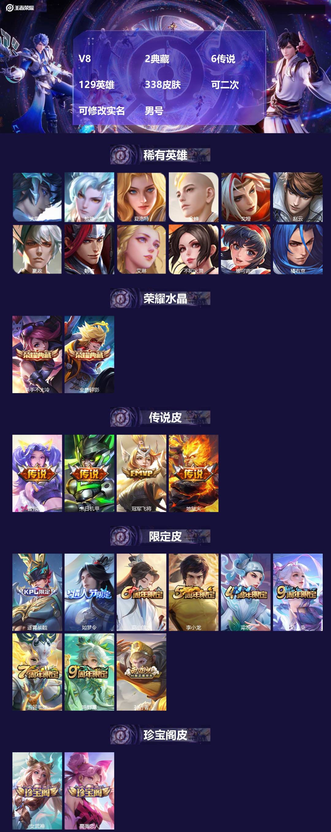 王者荣耀账号安卓QQV8 2典藏 6传说 129英雄 338皮肤 可二次 可修改实名 男号 
【英雄全皮】空空儿全皮,蚩