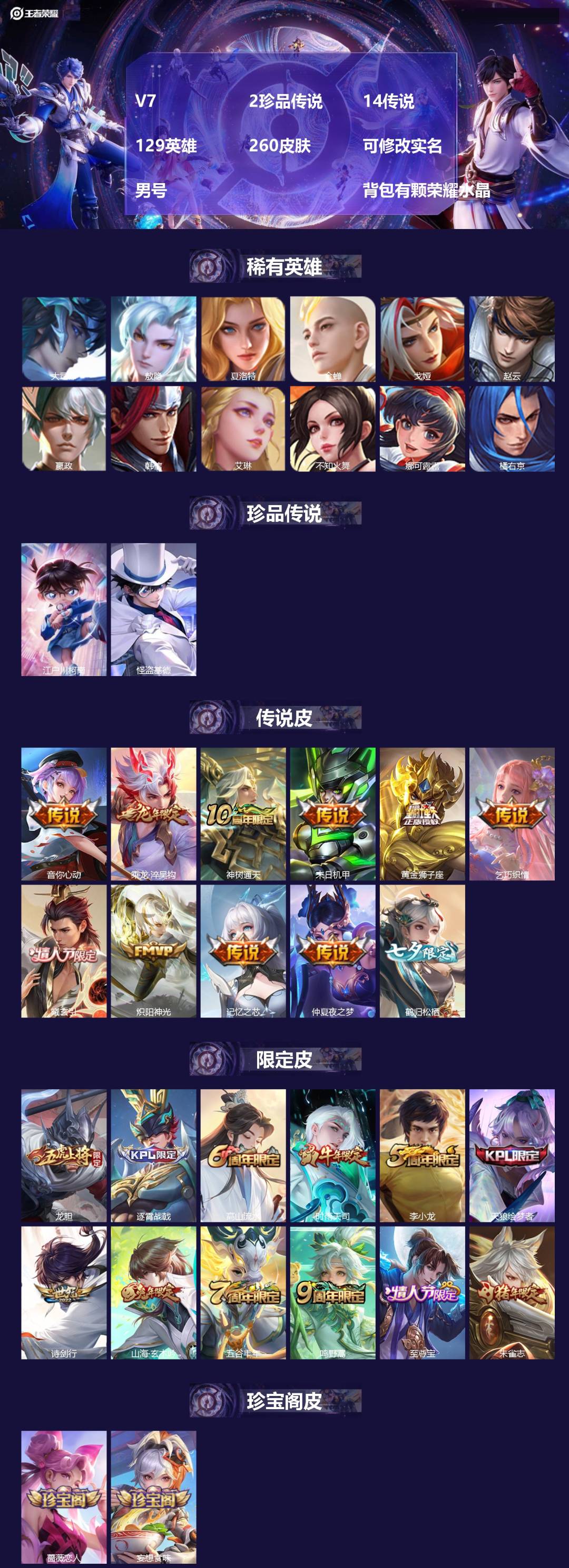 王者荣耀账号苹果QQV7 2珍品传说 14传说 129英雄 260皮肤 可修改实名 男号  背包有颗荣耀水晶
【英雄全皮