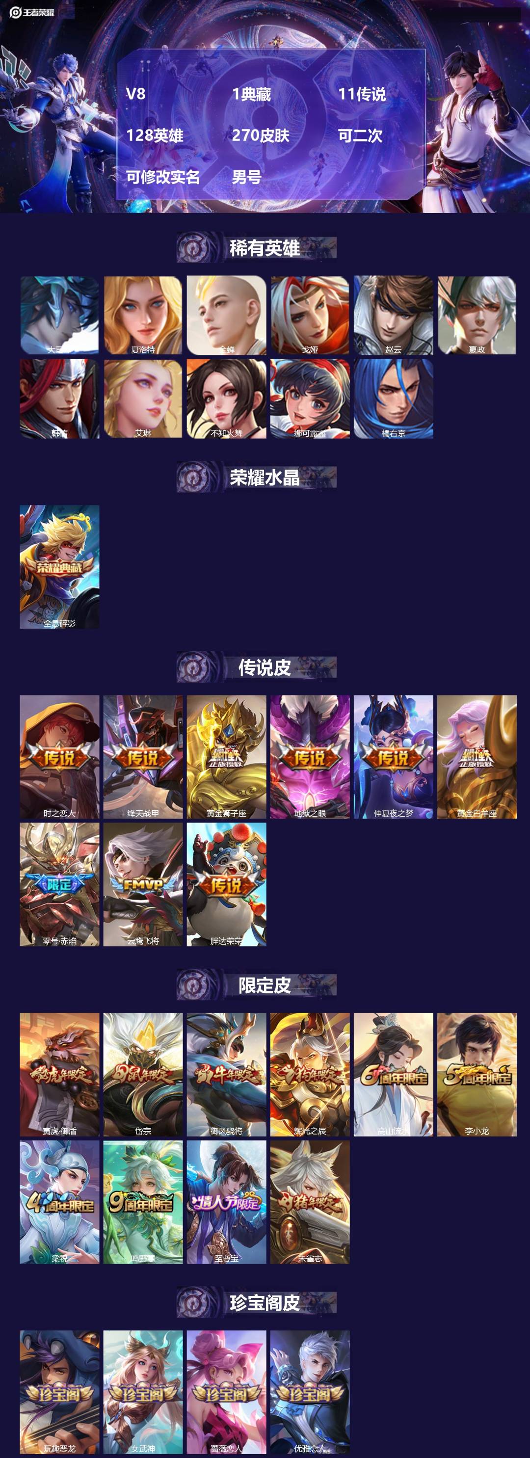 王者荣耀账号安卓QQV8 1典藏 11传说 128英雄 270皮肤 可二次 可修改实名 男号 
【英雄全皮】大禹全皮
【