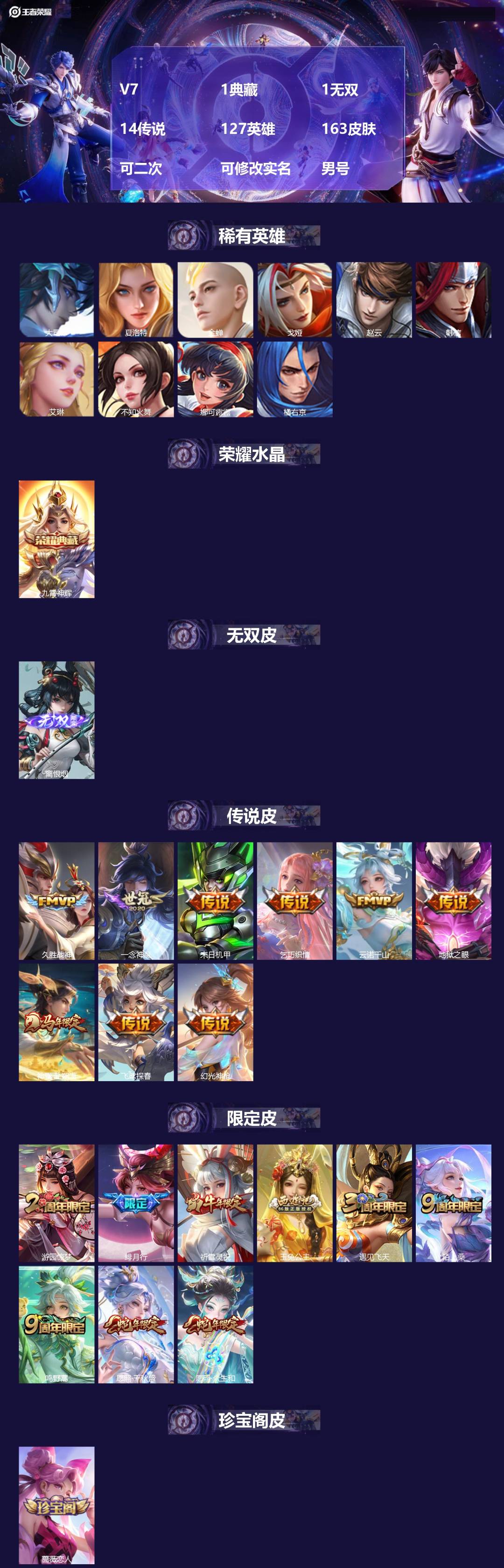 王者荣耀账号苹果QQV7 1典藏 1无双 14传说 127英雄 163皮肤 可二次 可修改实名 男号 
【英雄全皮】影全