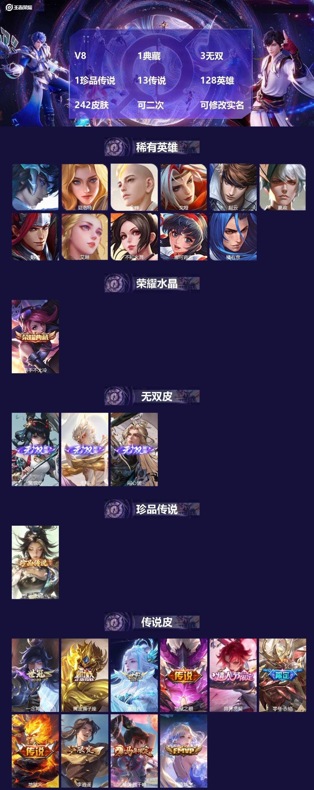 王者荣耀账号安卓QQV8 1典藏 3无双 1珍品传说 13传说 128英雄 242皮肤 可二次 可修改实名 男号 
【英