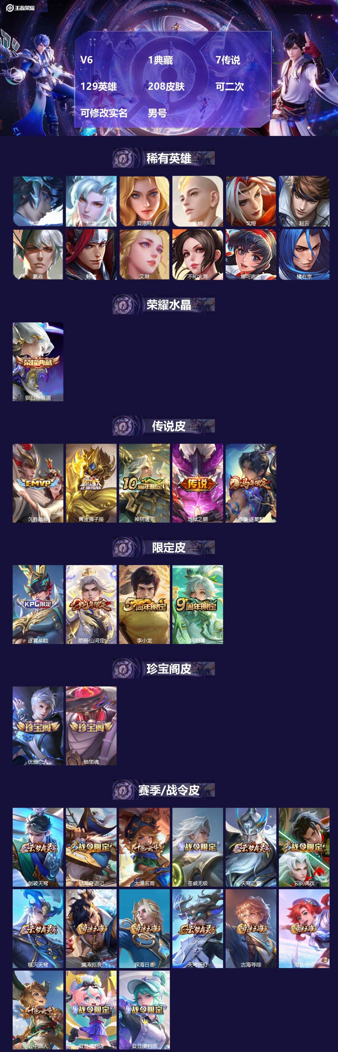 王者荣耀账号安卓QQV6 1典藏 7传说 129英雄 208皮肤 可二次 可修改实名 男号 
【英雄全皮】影全皮,大禹全