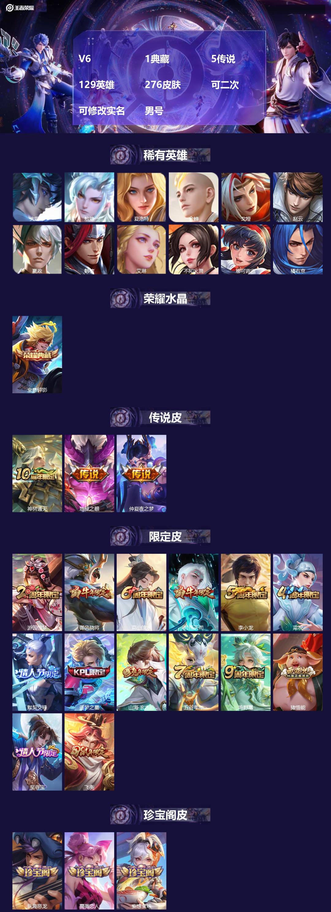 王者荣耀账号苹果QQV6 1典藏 5传说 129英雄 276皮肤 可二次 可修改实名 男号 
【英雄全皮】蚩奼全皮
【稀