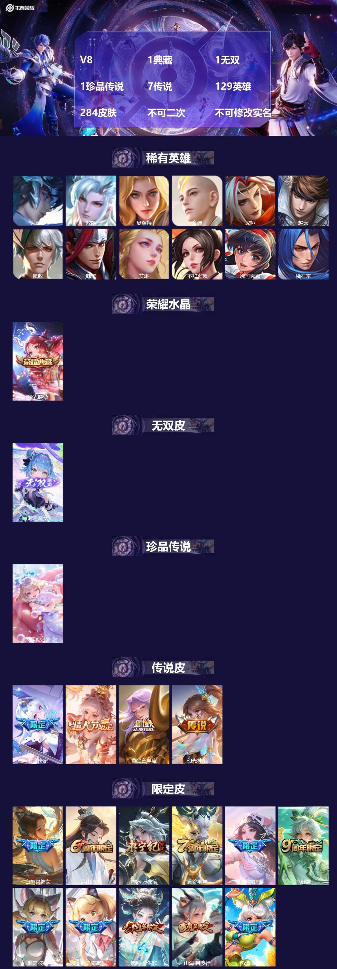 王者荣耀账号苹果QQV8 1典藏 1无双 1珍品传说 7传说 129英雄 284皮肤 不可二次 不可修改实名 女号 
【