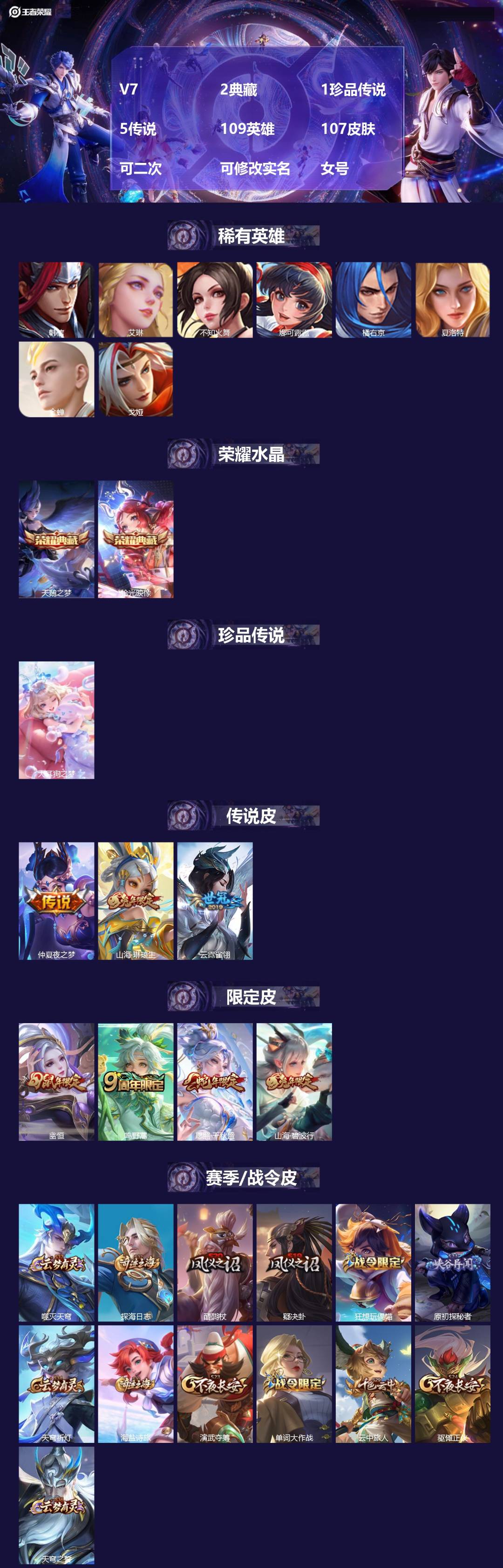 王者荣耀账号安卓QQ[23803972]V7 2典藏 1珍品传说 5传说 109英雄 107皮肤 可二次 可修改实名 女