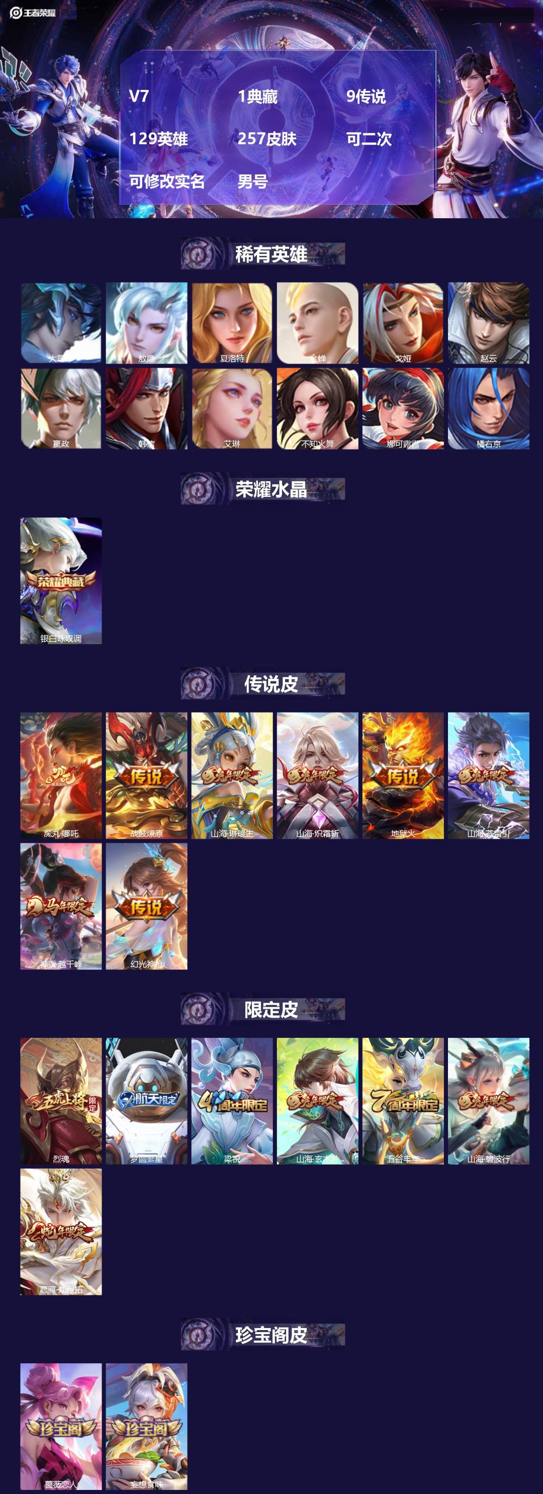 王者荣耀账号安卓QQV7 1典藏 9传说 129英雄 257皮肤 可二次 可修改实名 男号 
【英雄全皮】空空儿全皮,孙