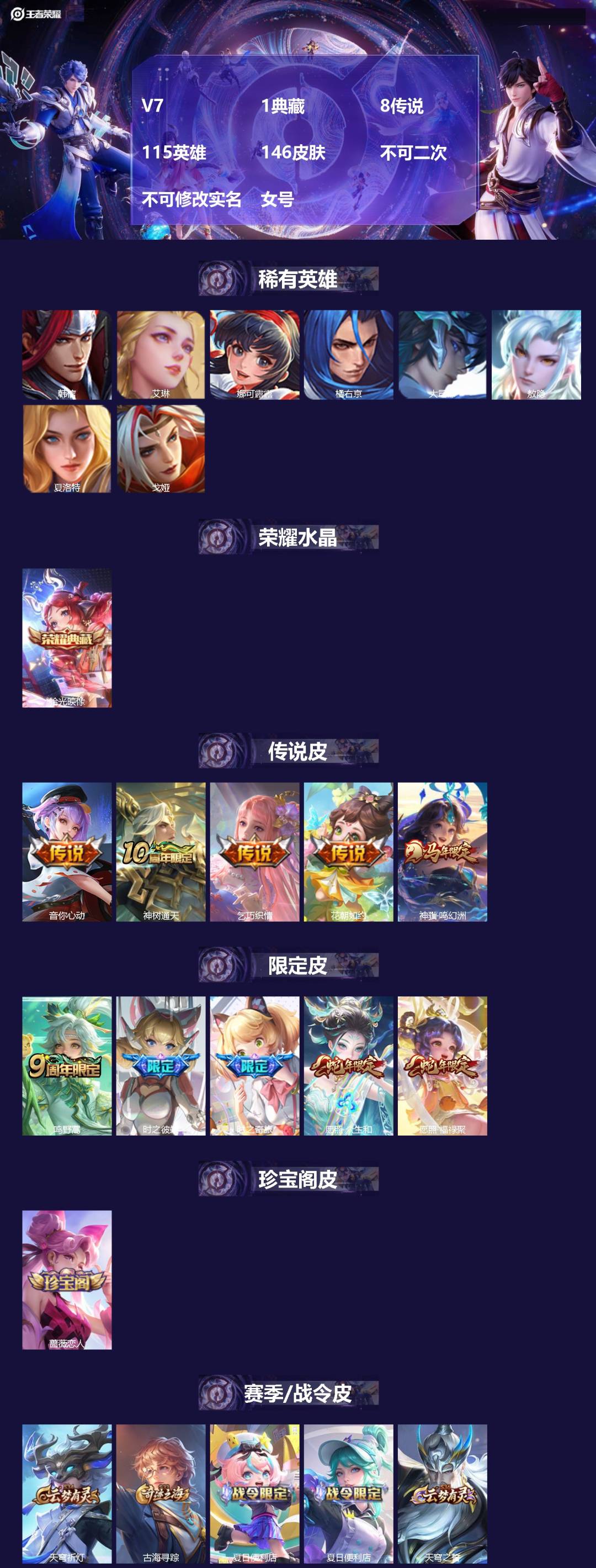 王者荣耀账号安卓QQV7 1典藏 8传说 115英雄 146皮肤 不可二次 不可修改实名 女号 
【稀有英雄】敖隐(小龙