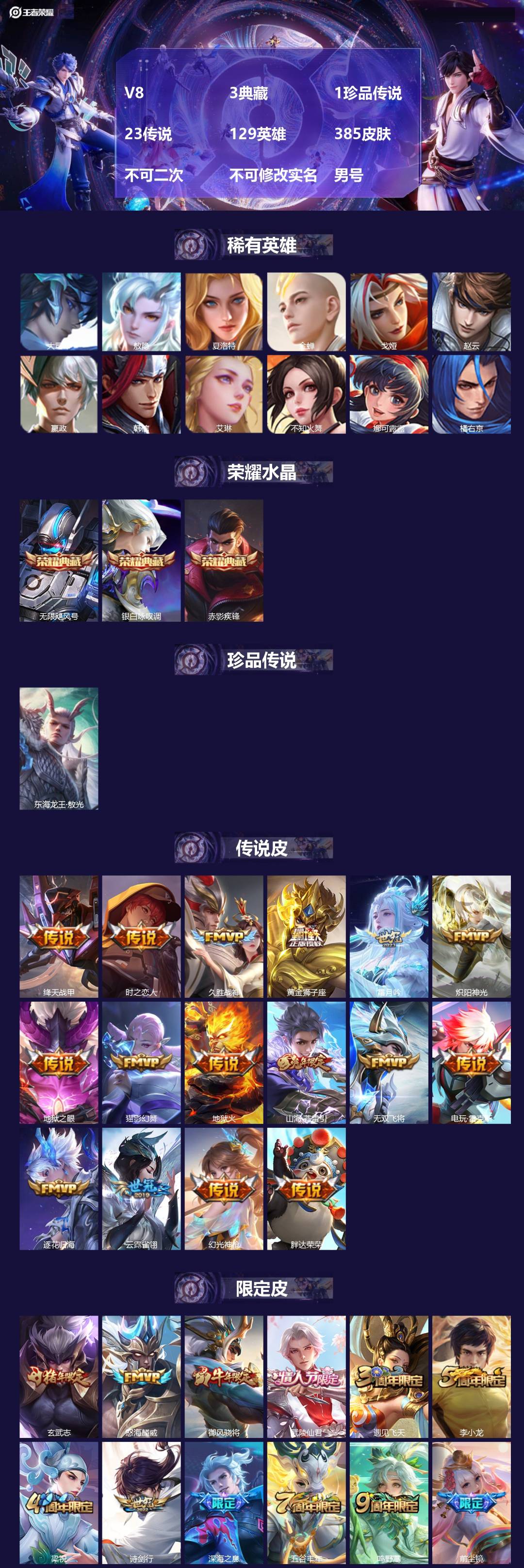 王者荣耀账号苹果QQV8 3典藏 1珍品传说 23传说 129英雄 385皮肤 不可二次 不可修改实名 男号 
【英雄全