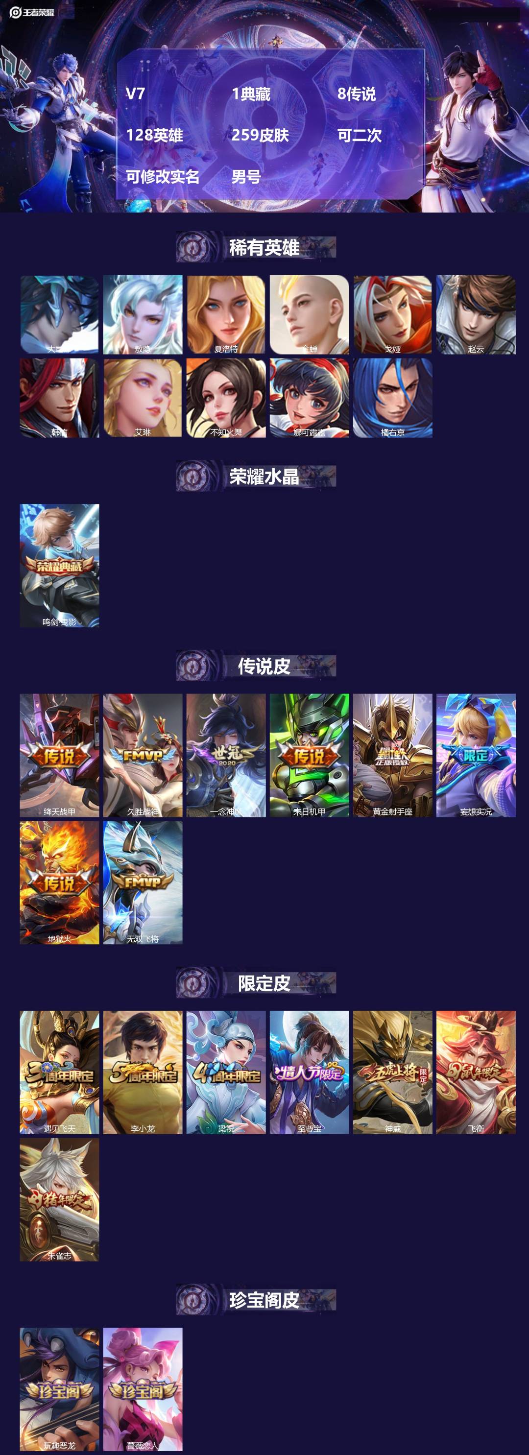 王者荣耀账号安卓QQV7 1典藏 8传说 128英雄 259皮肤 可二次 可修改实名 男号 
【英雄全皮】蚩奼全皮,刘邦