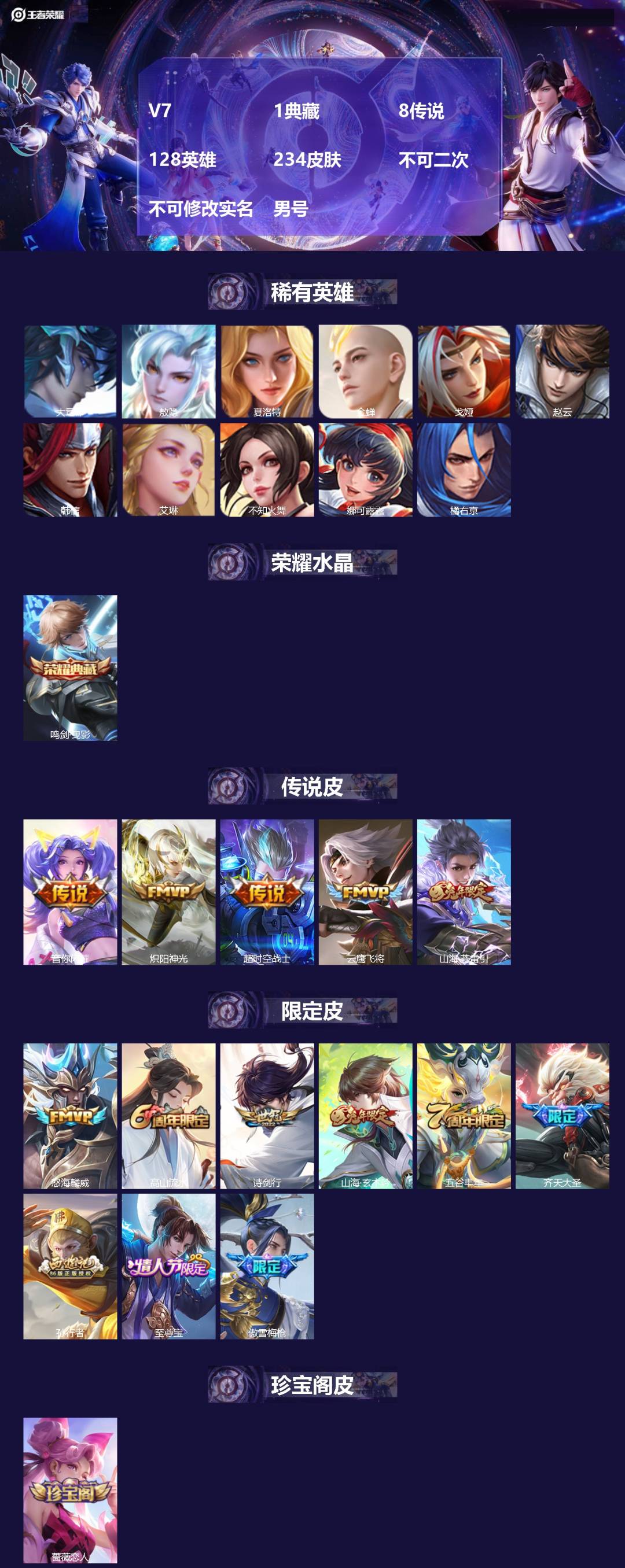 王者荣耀账号安卓QQV7 1典藏 8传说 128英雄 234皮肤 不可二次 不可修改实名 男号 
【稀有英雄】敖隐(小龙