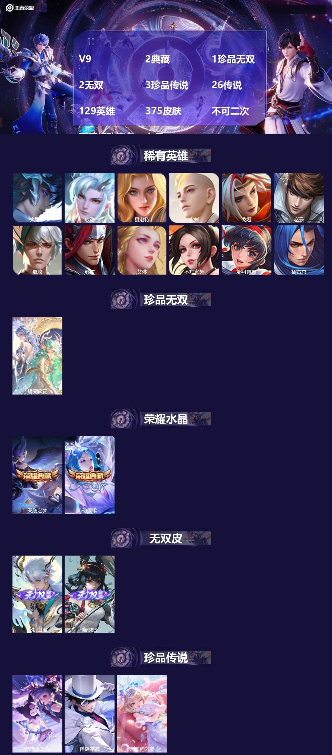 王者荣耀账号安卓QQV9 2典藏 1珍品无双 2无双 3珍品传说 26传说 129英雄 375皮肤 不可二次 不可修改实