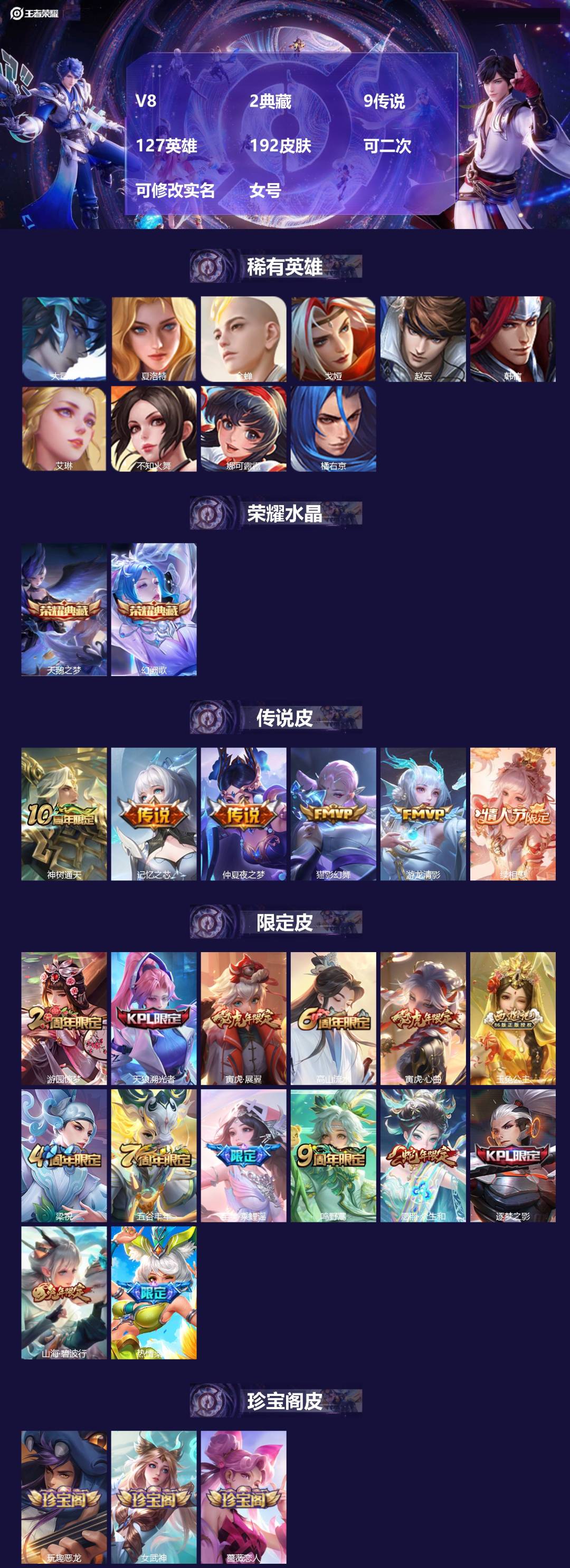 王者荣耀账号安卓QQV8 2典藏 9传说 127英雄 192皮肤 可二次 可修改实名 女号 
【英雄全皮】戈娅全皮,大禹