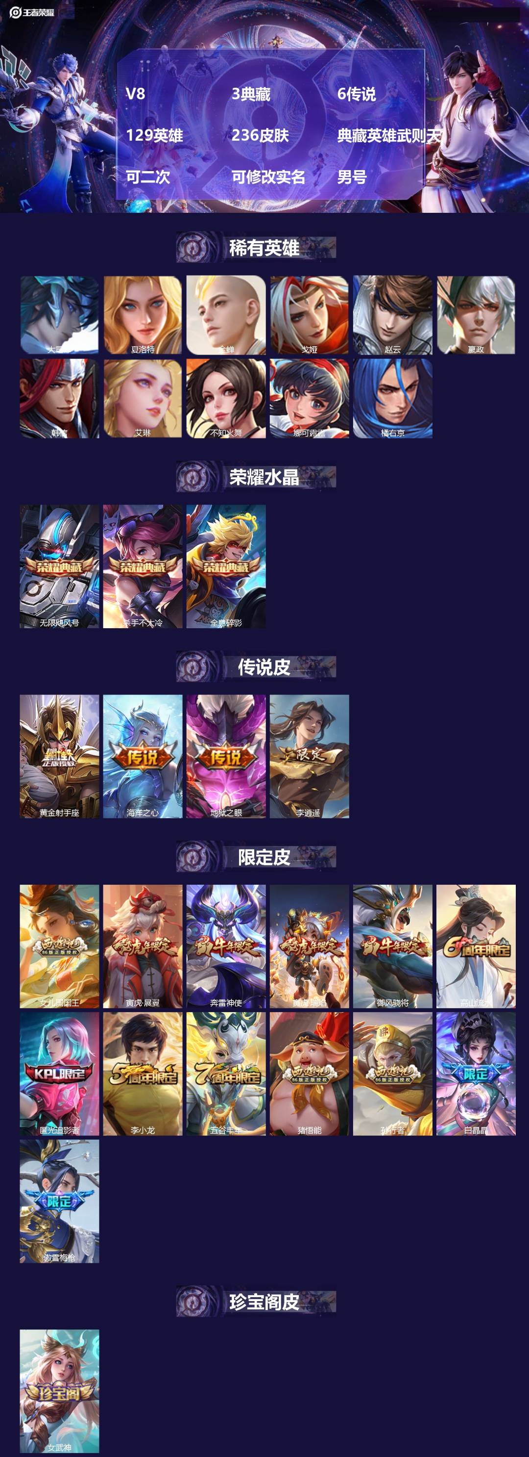 王者荣耀账号苹果QQV8 3典藏 6传说 129英雄 236皮肤 典藏英雄武则天 可二次 可修改实名 男号 
【稀有英雄