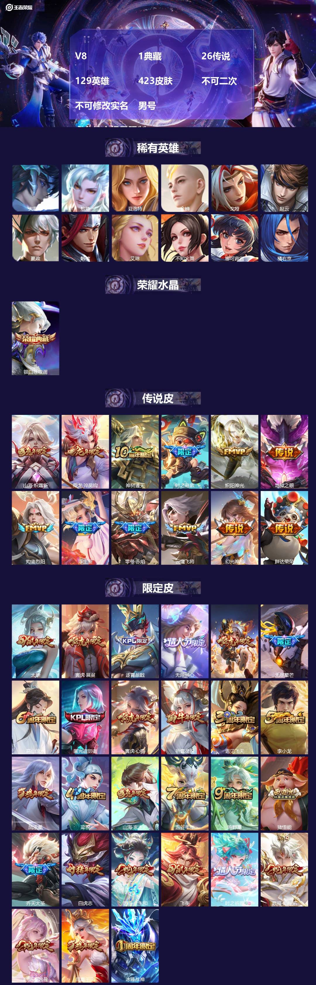 王者荣耀账号苹果VXV8 1典藏 26传说 129英雄 423皮肤 不可二次 不可修改实名 男号  永久社交场景限制 
