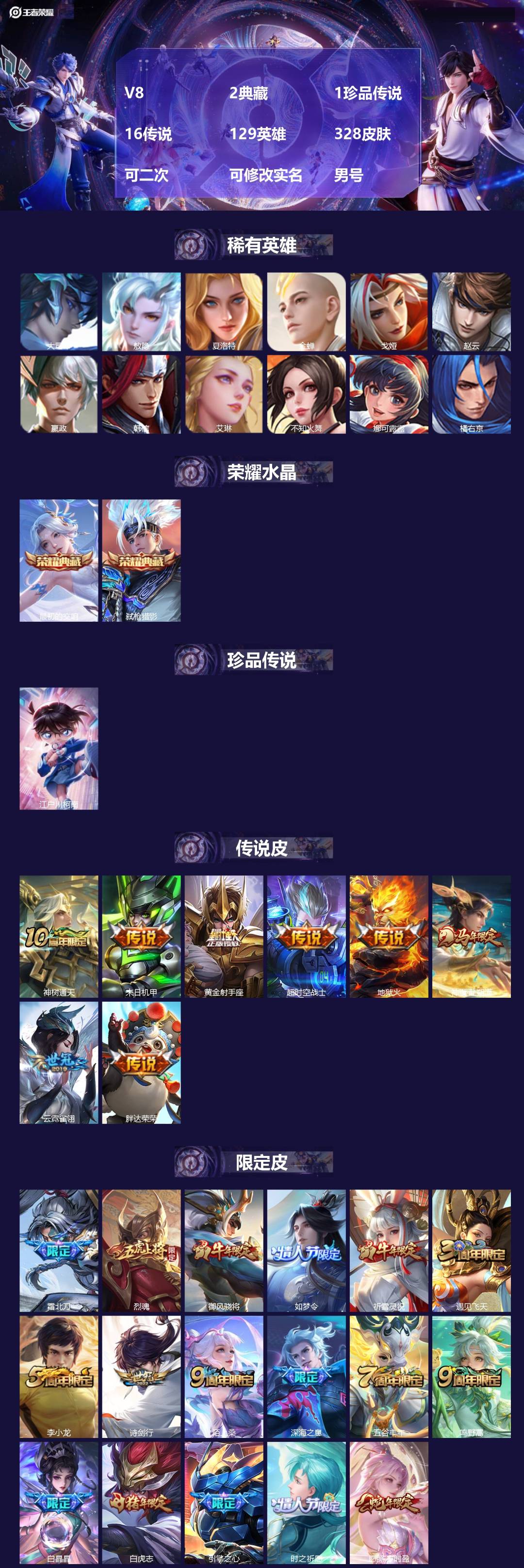 王者荣耀账号安卓QQV8 2典藏 1珍品传说 16传说 129英雄 328皮肤 可二次 可修改实名 男号 
【英雄全皮】