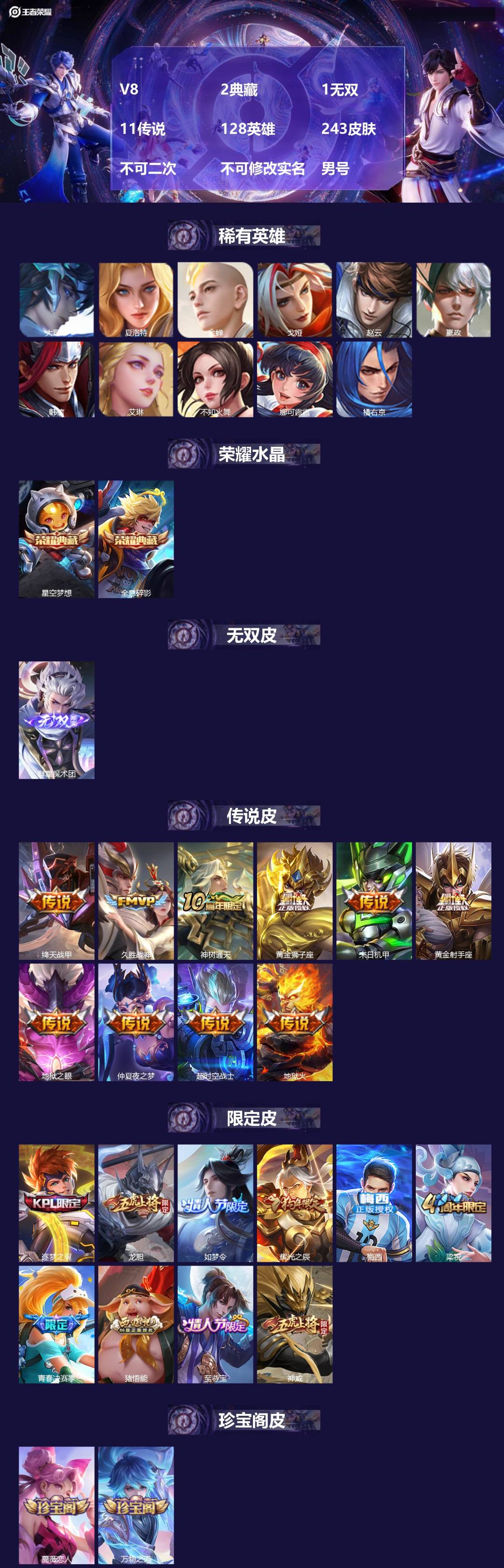 王者荣耀账号苹果QQ[23900497]V8 2典藏 1无双 11传说 128英雄 243皮肤 不可二次 不可修改实名 