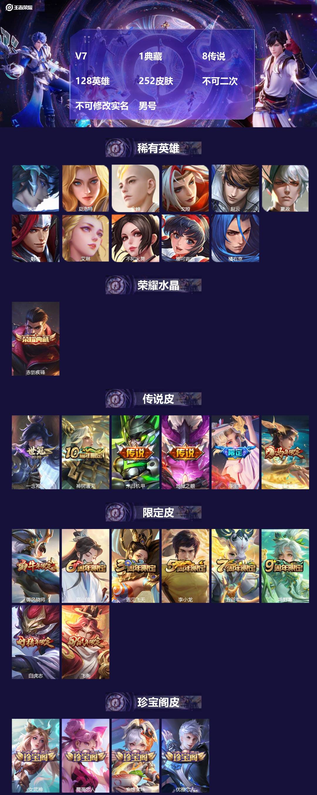 王者荣耀账号苹果QQ[23944737]V7 1典藏 8传说 128英雄 252皮肤 不可二次 不可修改实名 男号 
【