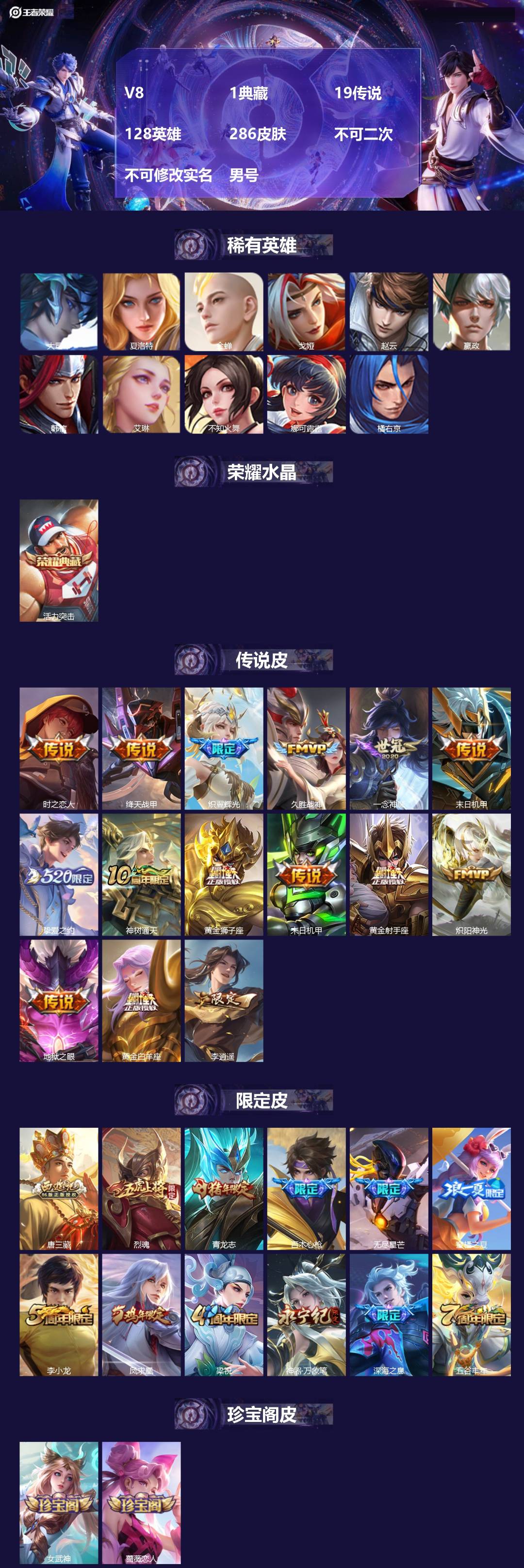 王者荣耀账号安卓QQ[23959245]V8 1典藏 19传说 128英雄 286皮肤 不可二次 不可修改实名 男号 
