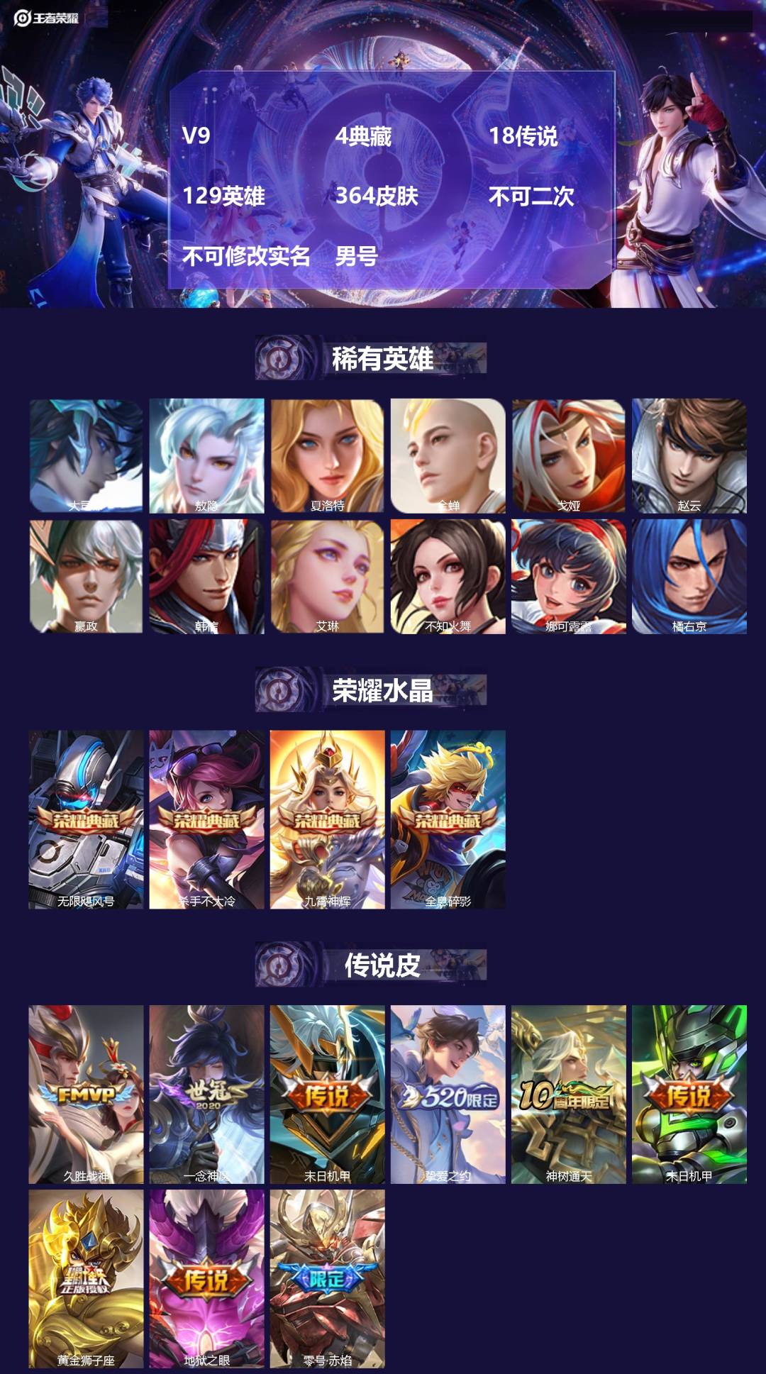 王者荣耀账号安卓QQ[23992708]V9 4典藏 18传说 129英雄 364皮肤 不可二次 不可修改实名 男号 
