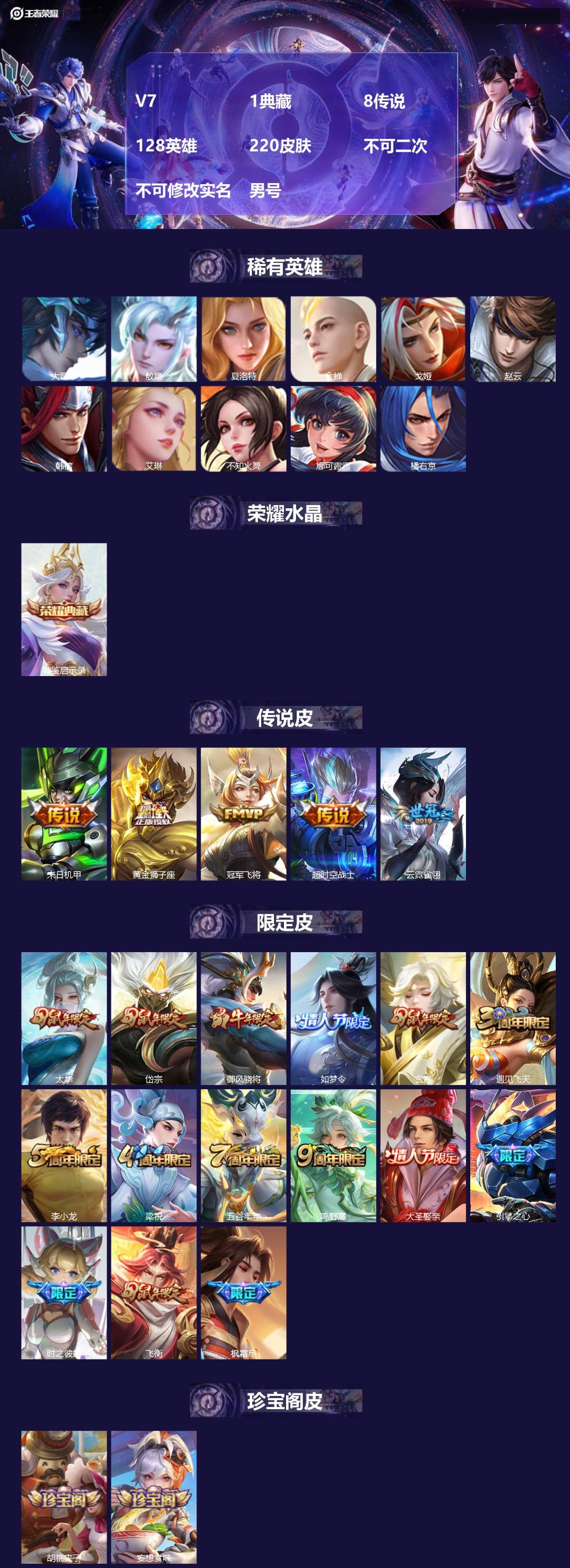 王者荣耀账号安卓QQ[23993610]V7 1典藏 8传说 128英雄 220皮肤 不可二次 不可修改实名 男号 
【